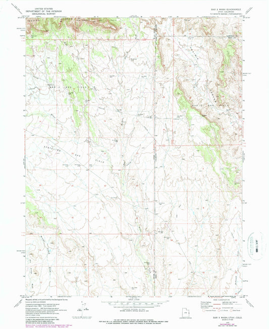 Classic USGS Bar X Wash Utah 7.5'x7.5' Topo Map Image