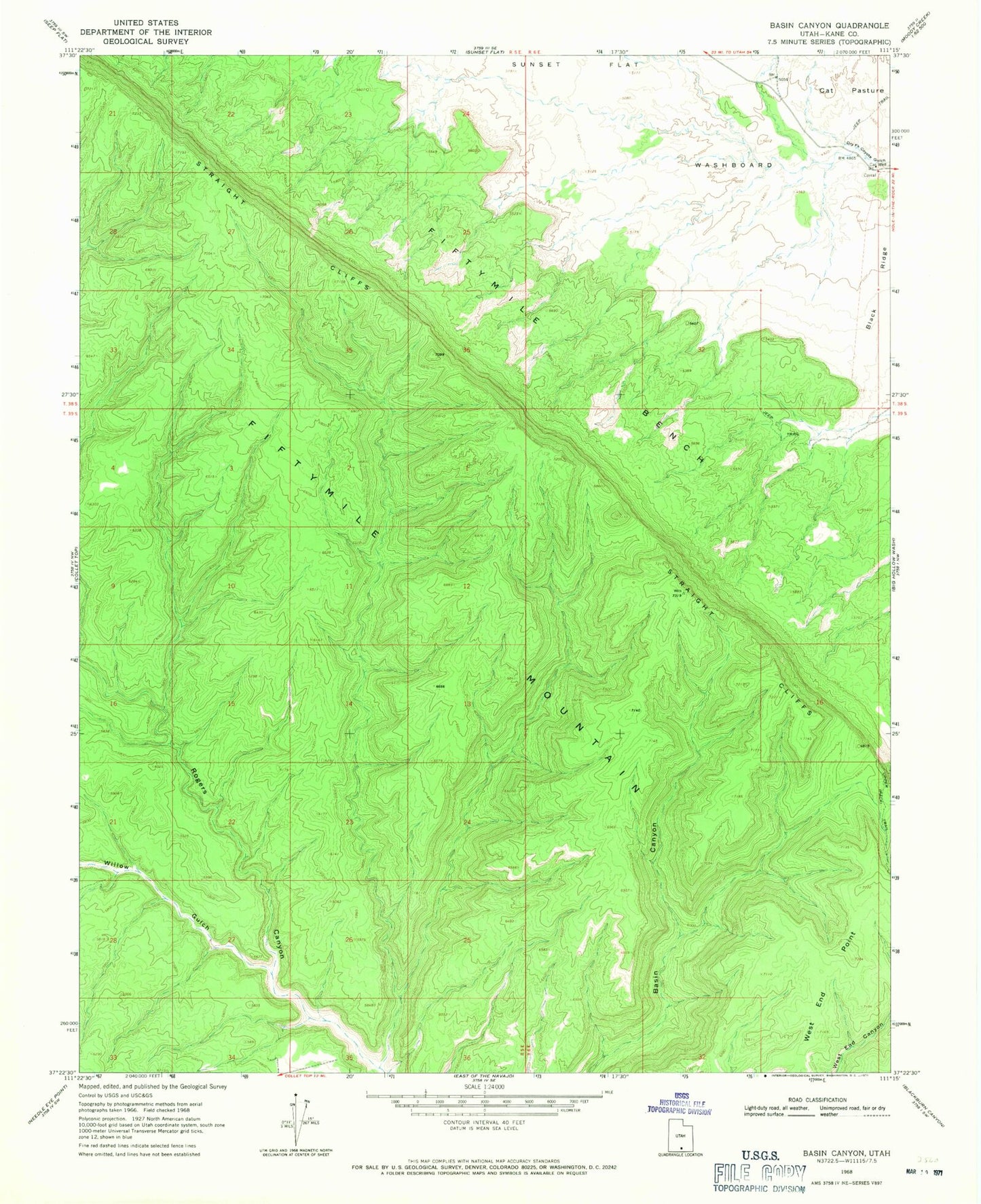 Classic USGS Basin Canyon Utah 7.5'x7.5' Topo Map Image