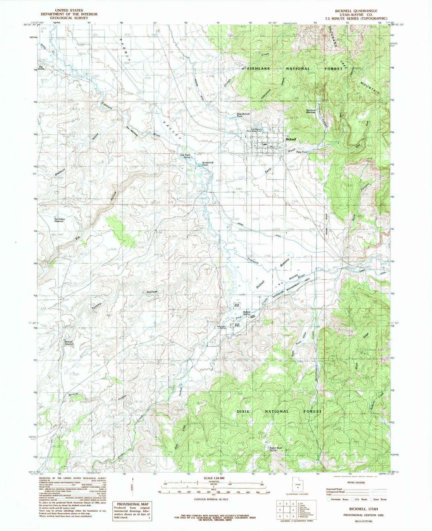 Classic USGS Bicknell Utah 7.5'x7.5' Topo Map Image