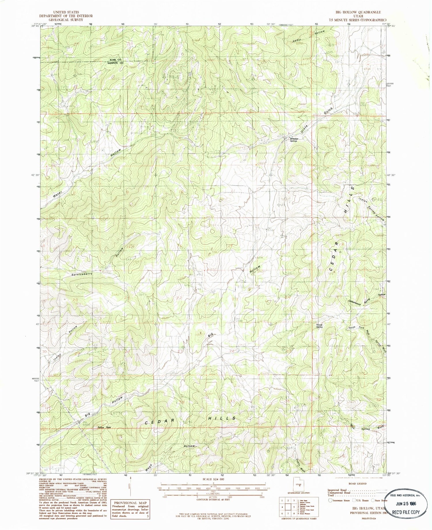 Classic USGS Big Hollow Utah 7.5'x7.5' Topo Map Image