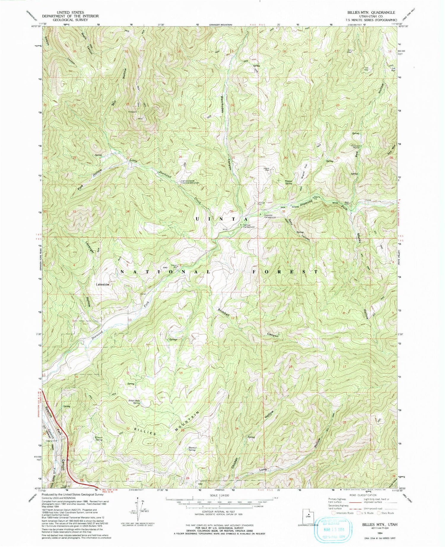 Classic USGS Billies Mountain Utah 7.5'x7.5' Topo Map Image