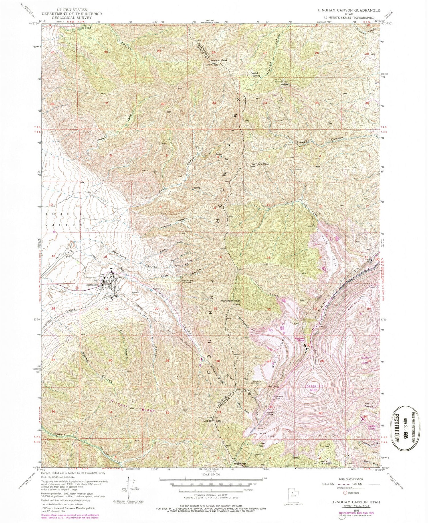 Classic USGS Bingham Canyon Utah 7.5'x7.5' Topo Map Image
