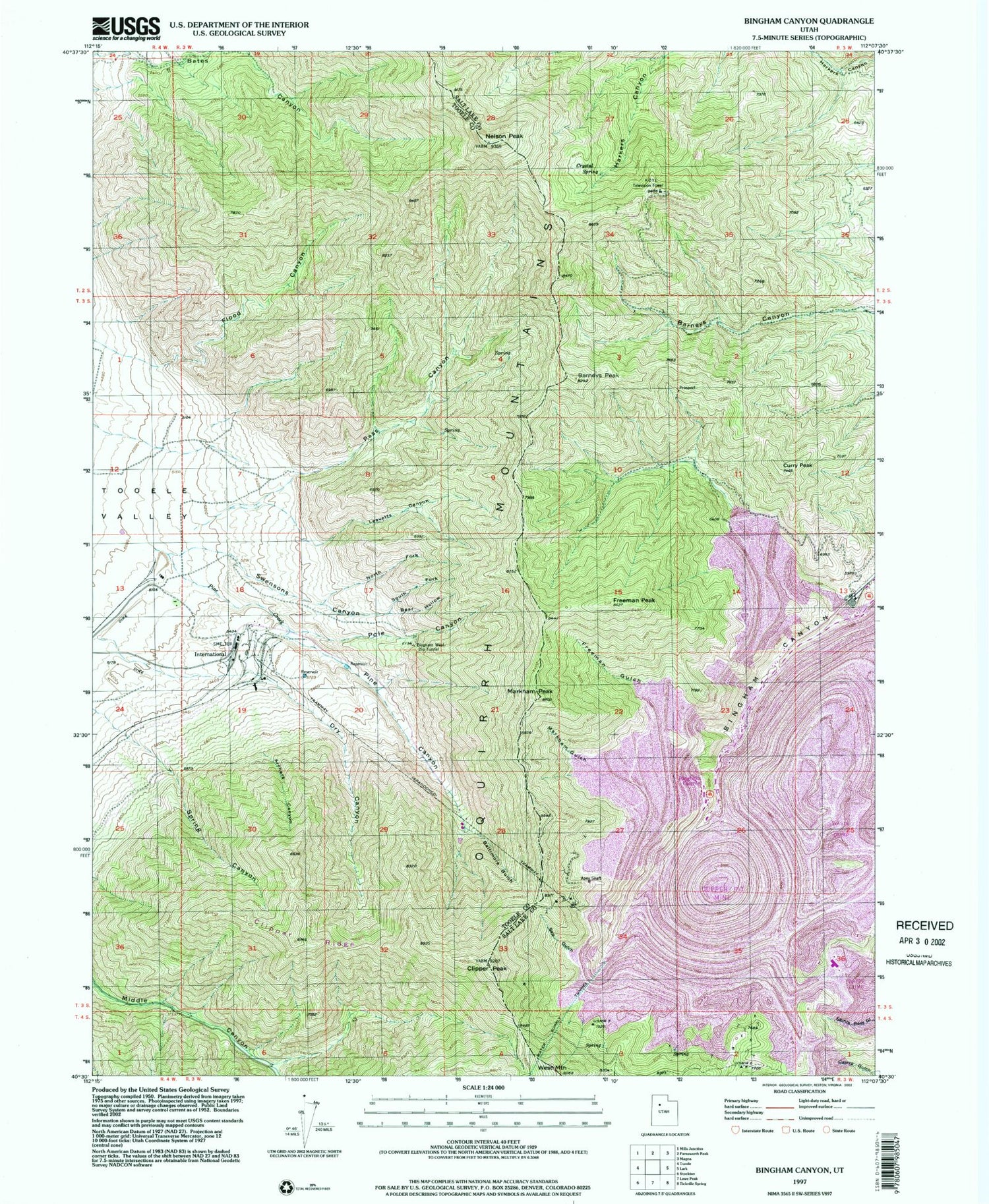 Classic USGS Bingham Canyon Utah 7.5'x7.5' Topo Map Image