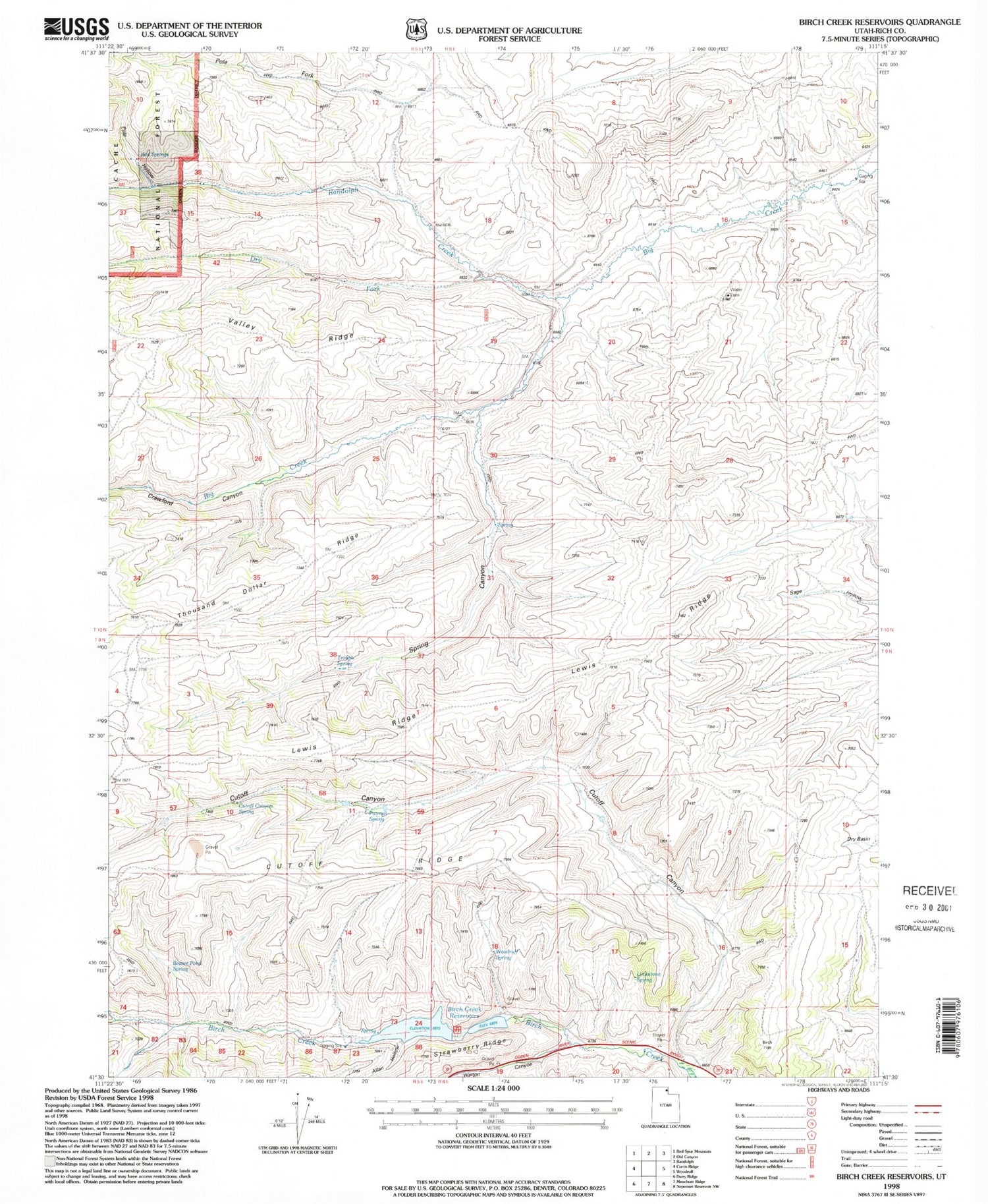 Classic USGS Birch Creek Reservoirs Utah 7.5'x7.5' Topo Map Image