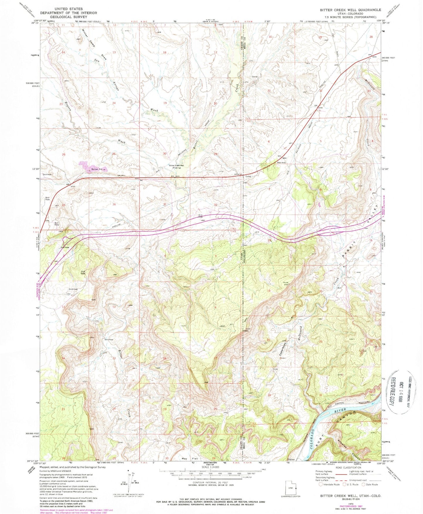Classic USGS Bitter Creek Well Utah 7.5'x7.5' Topo Map Image