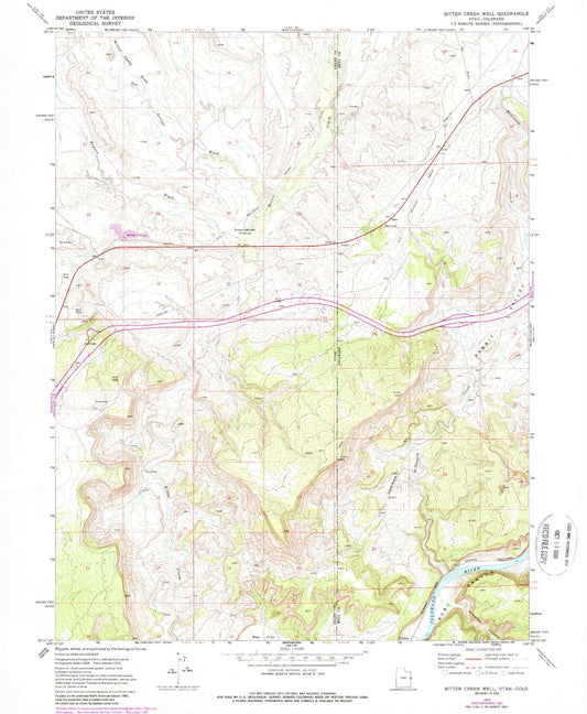 Classic USGS Bitter Creek Well Utah 7.5'x7.5' Topo Map Image