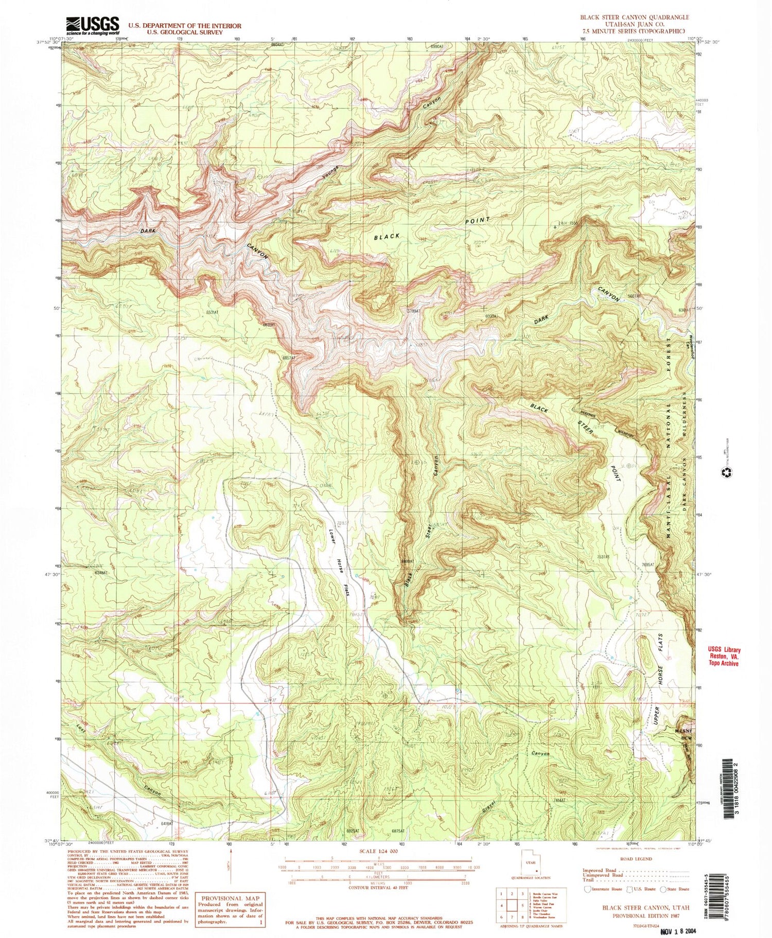 Classic USGS Black Steer Canyon Utah 7.5'x7.5' Topo Map Image
