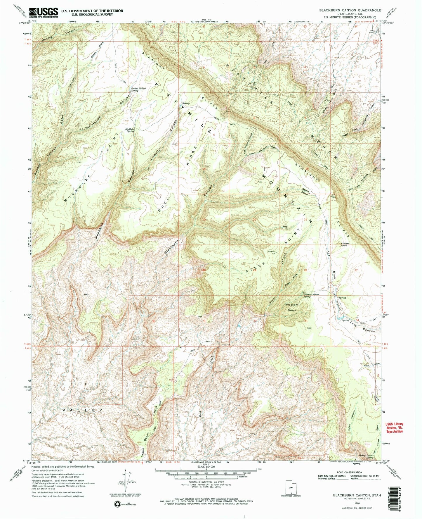 Classic USGS Blackburn Canyon Utah 7.5'x7.5' Topo Map Image