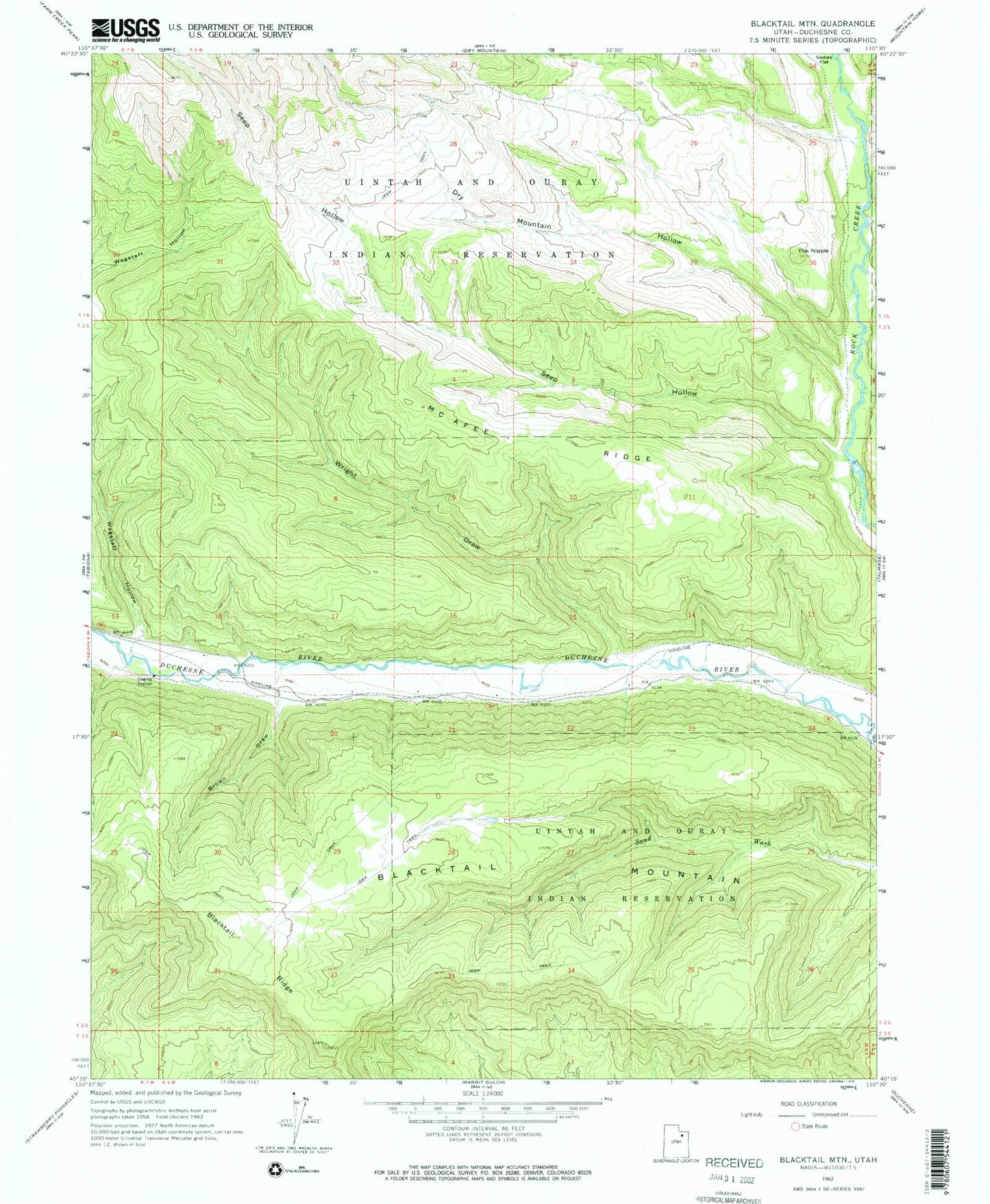 Classic USGS Blacktail Mountain Utah 7.5'x7.5' Topo Map Image