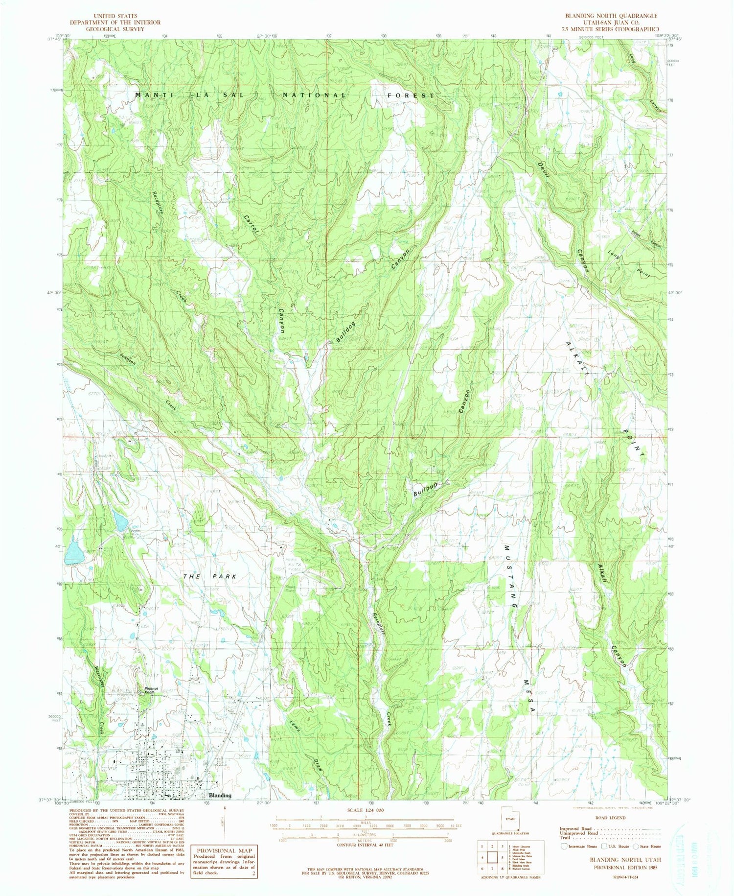 Classic USGS Blanding North Utah 7.5'x7.5' Topo Map Image