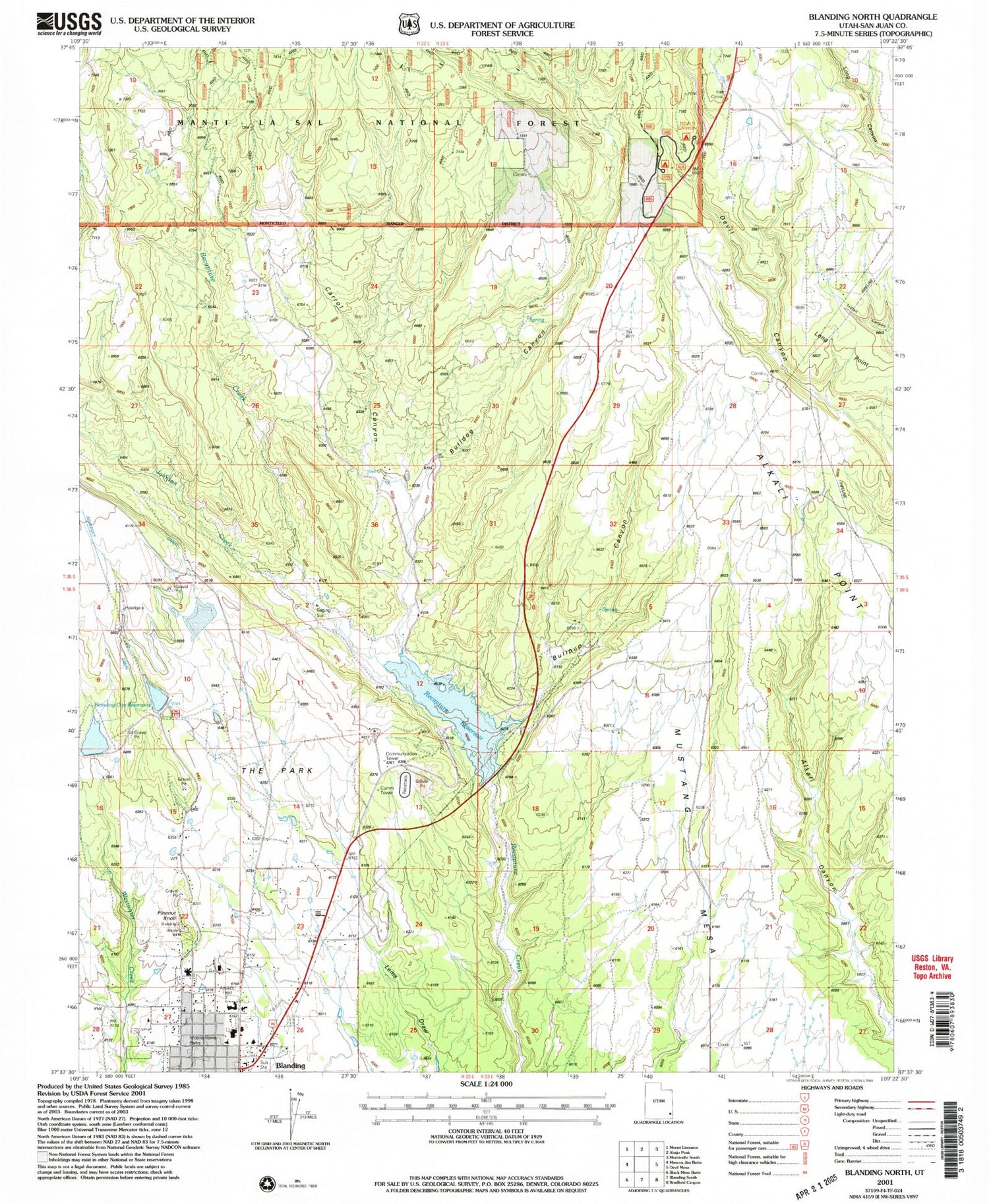 Classic USGS Blanding North Utah 7.5'x7.5' Topo Map Image