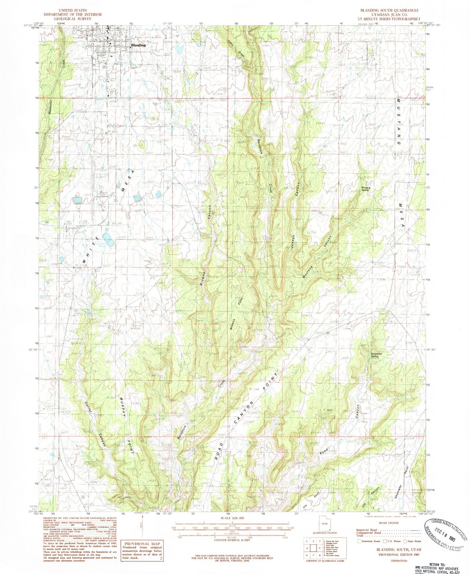Classic USGS Blanding South Utah 7.5'x7.5' Topo Map Image