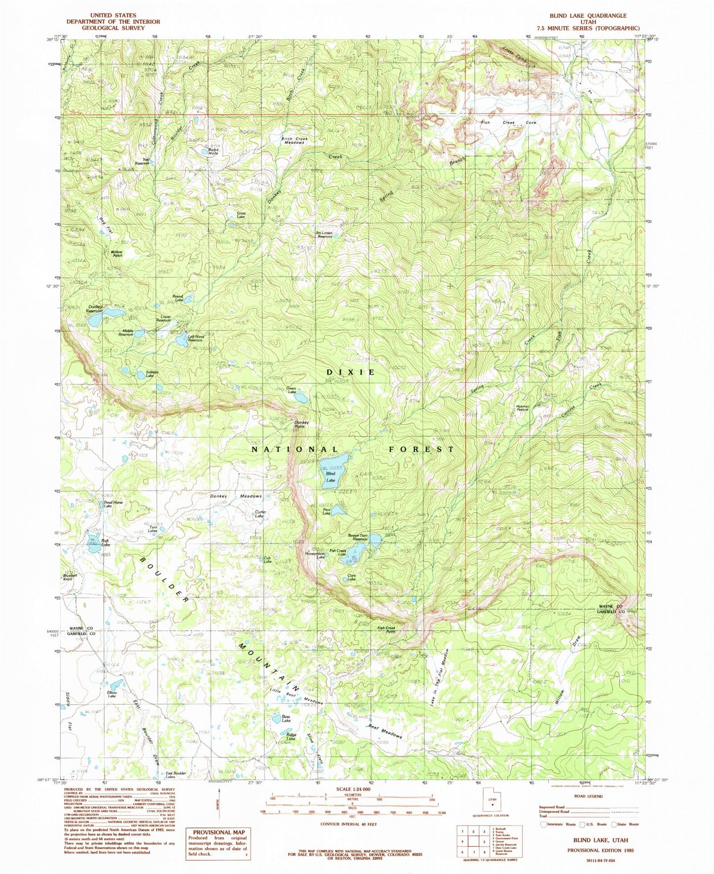 Classic USGS Blind Lake Utah 7.5'x7.5' Topo Map Image