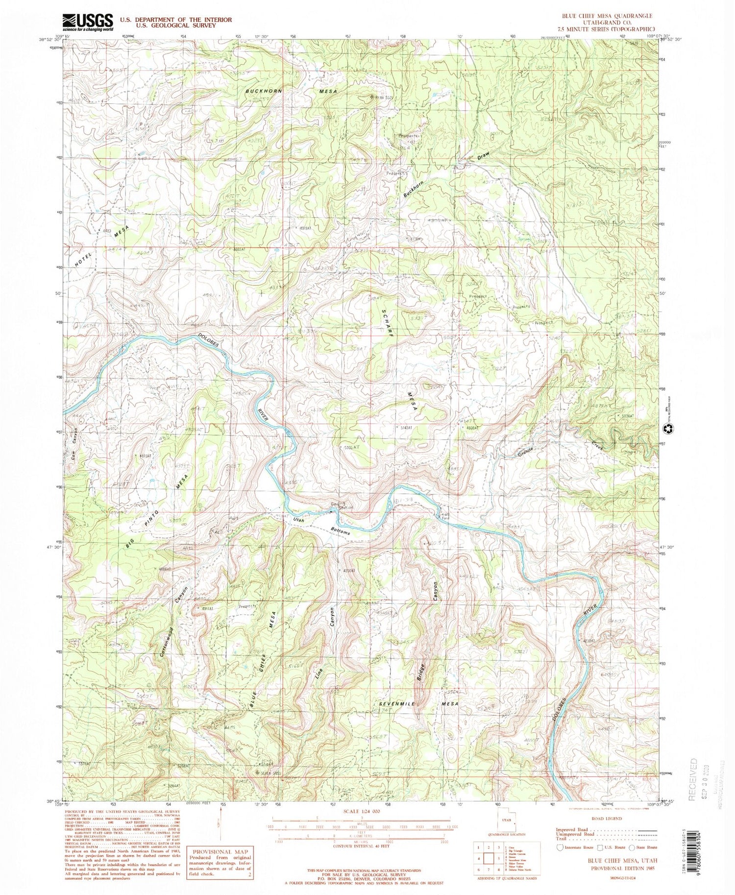 Classic USGS Blue Chief Mesa Utah 7.5'x7.5' Topo Map Image