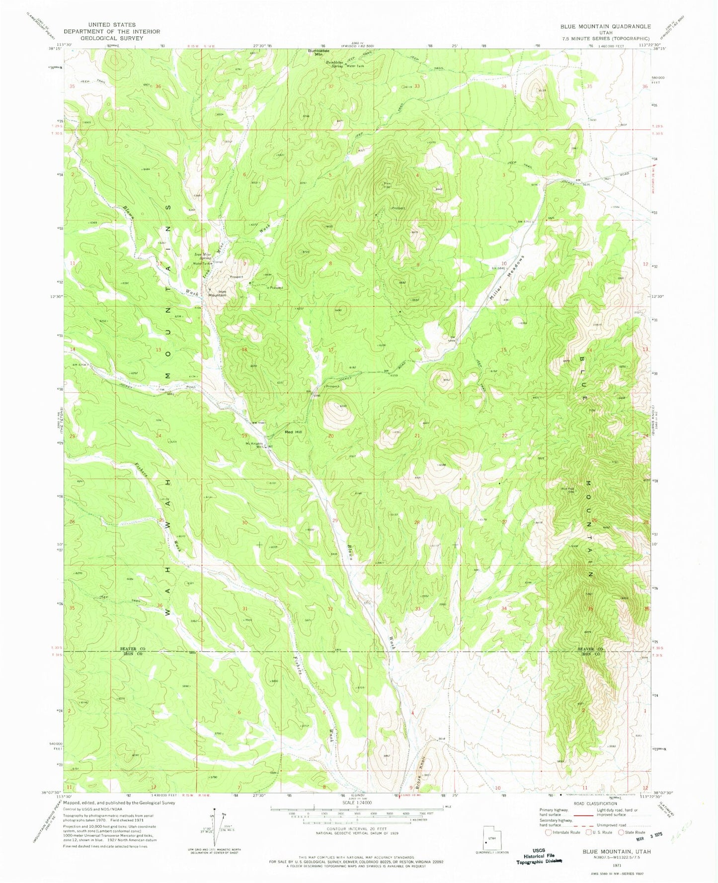 Classic USGS Blue Mountain Utah 7.5'x7.5' Topo Map Image