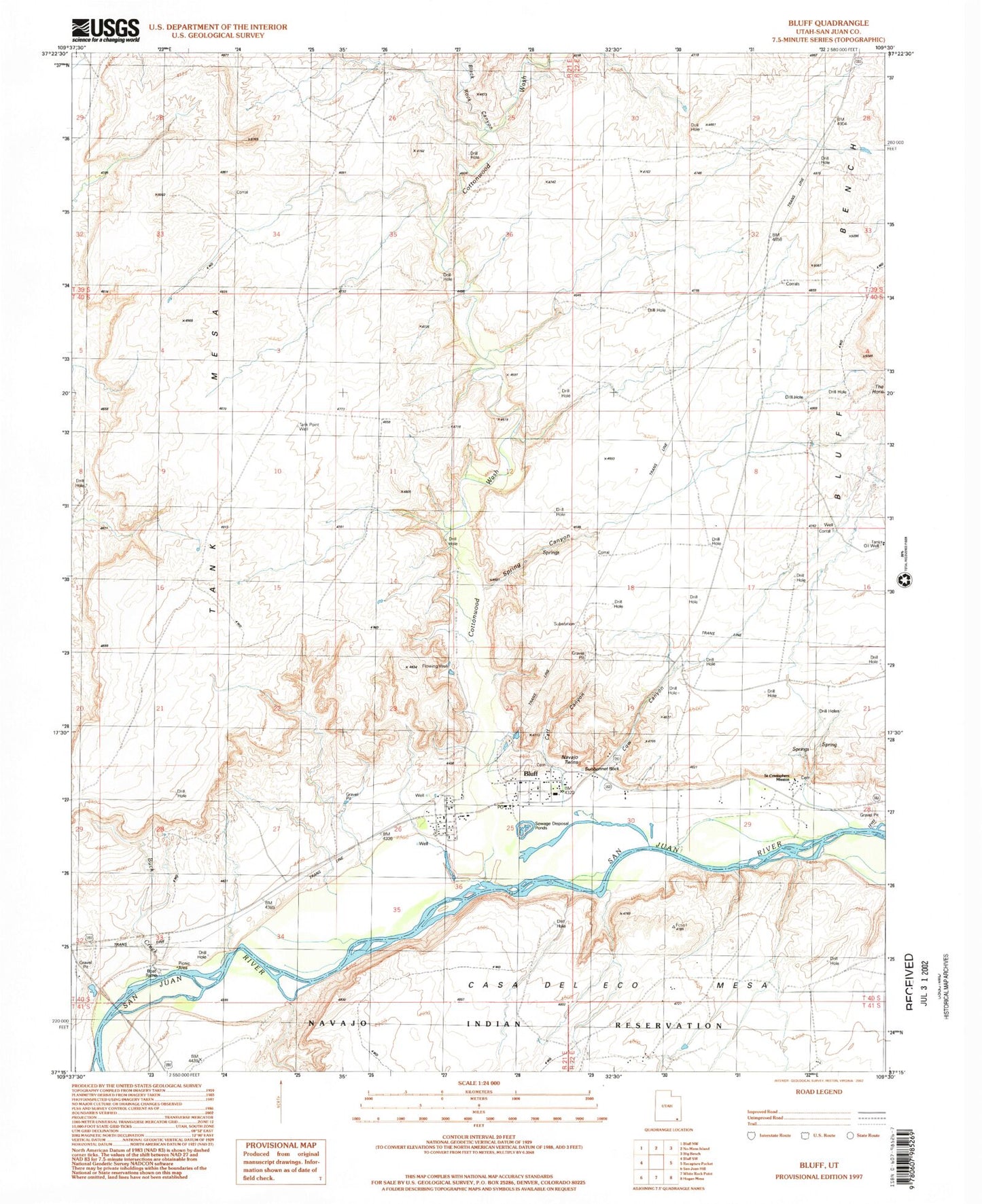 Classic USGS Bluff Utah 7.5'x7.5' Topo Map Image