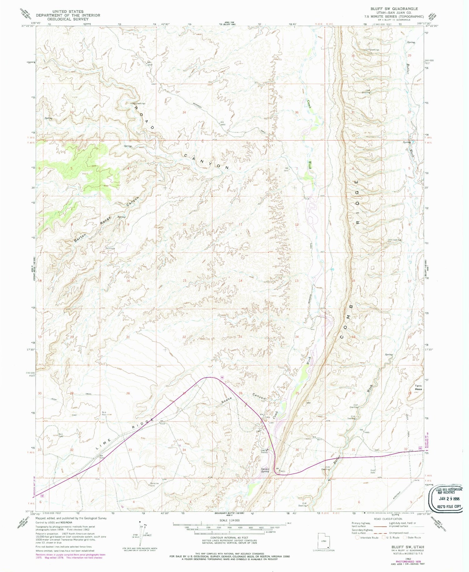 Classic USGS Bluff SW Utah 7.5'x7.5' Topo Map Image