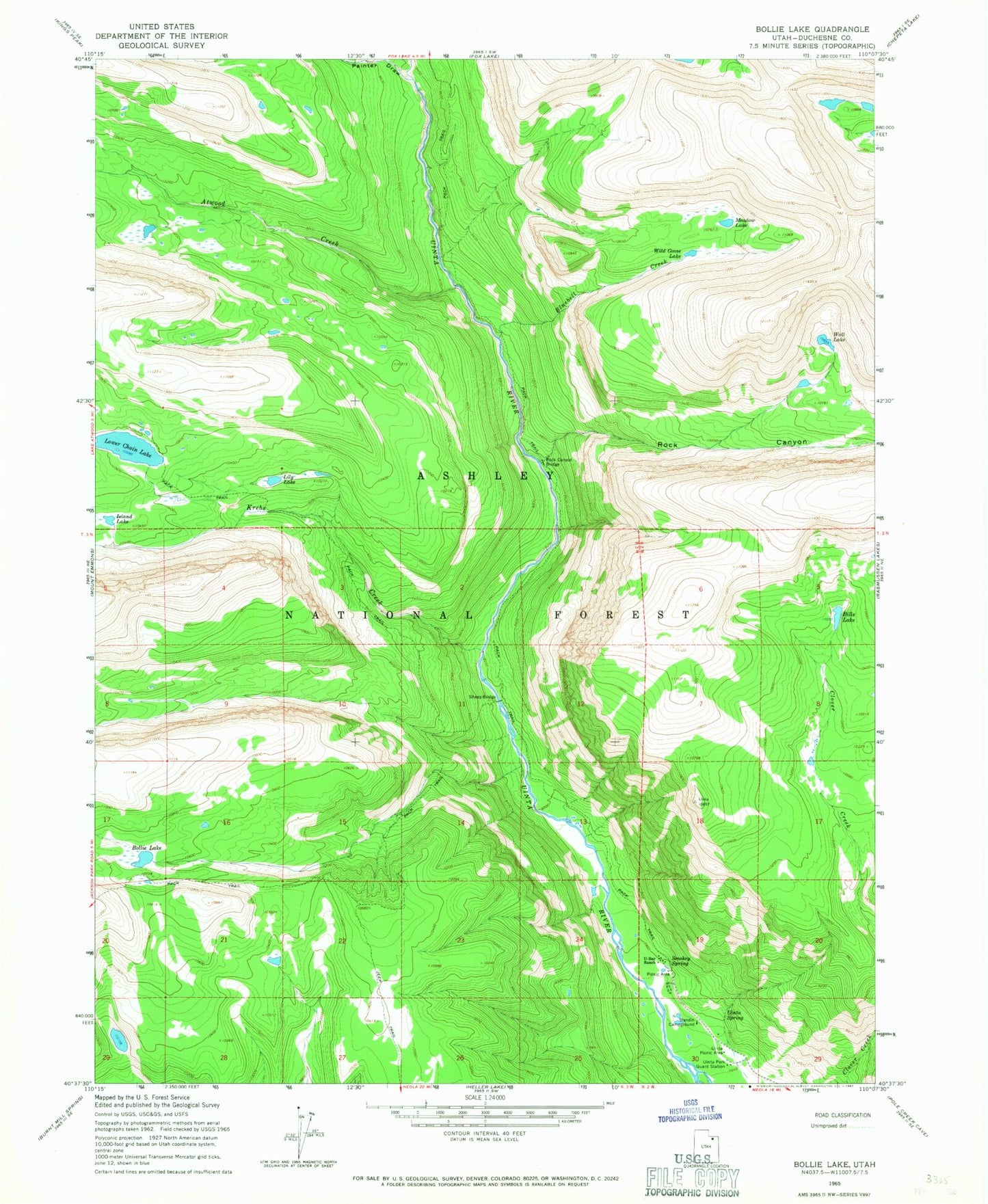 Classic USGS Bollie Lake Utah 7.5'x7.5' Topo Map Image