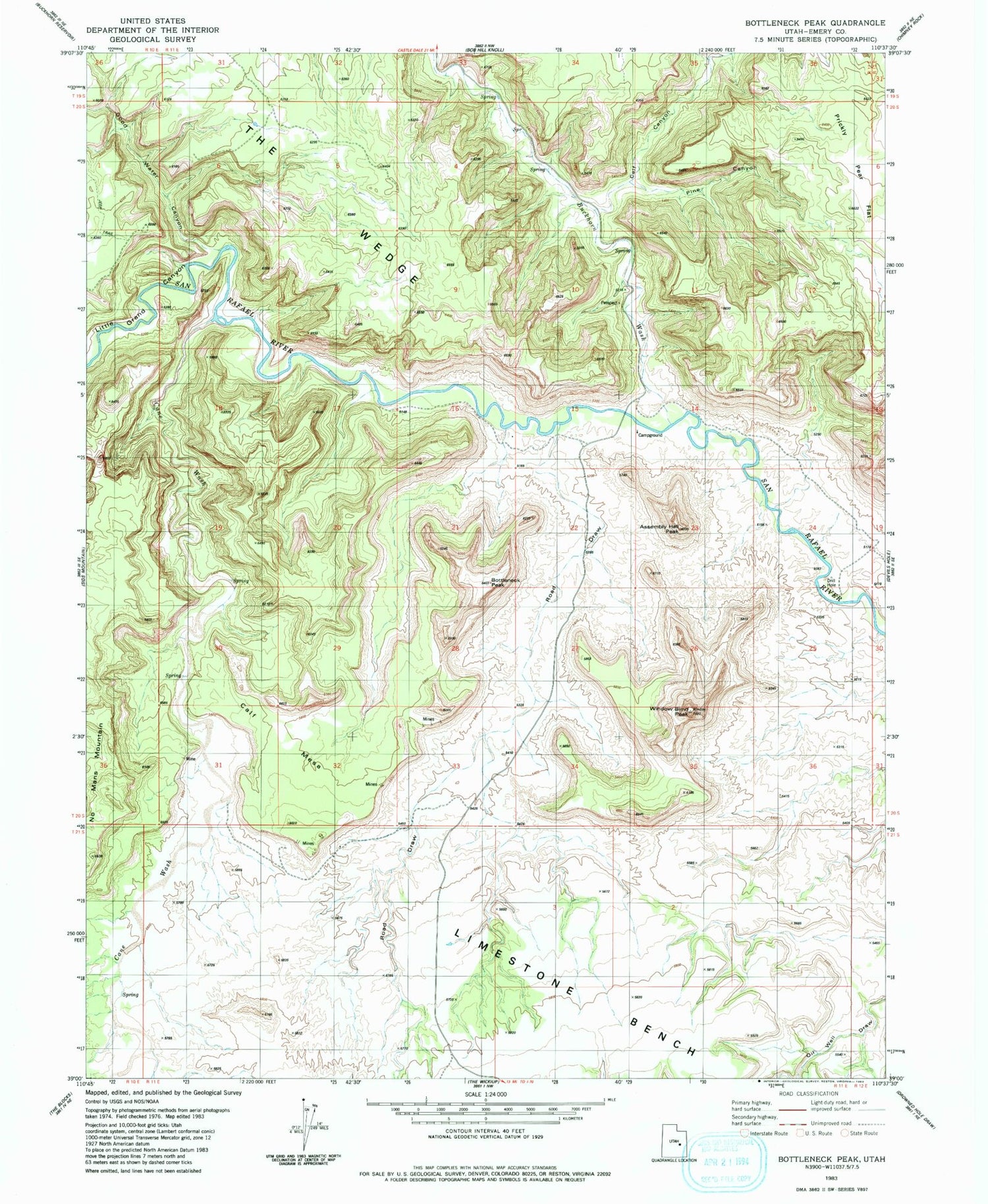 Classic USGS Bottleneck Peak Utah 7.5'x7.5' Topo Map Image