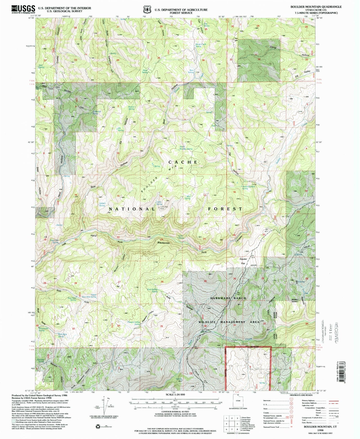 Classic USGS Boulder Mountain Utah 7.5'x7.5' Topo Map Image