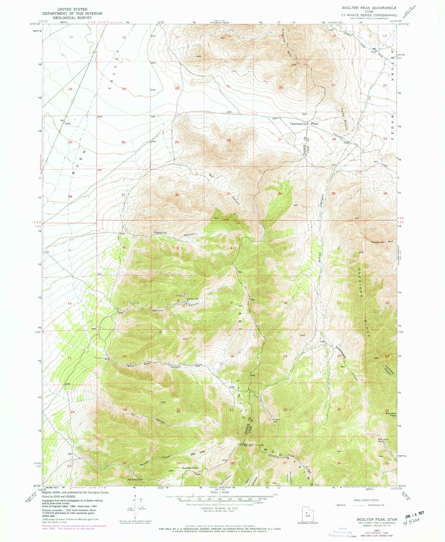 Classic USGS Boulter Peak Utah 7.5'x7.5' Topo Map Image