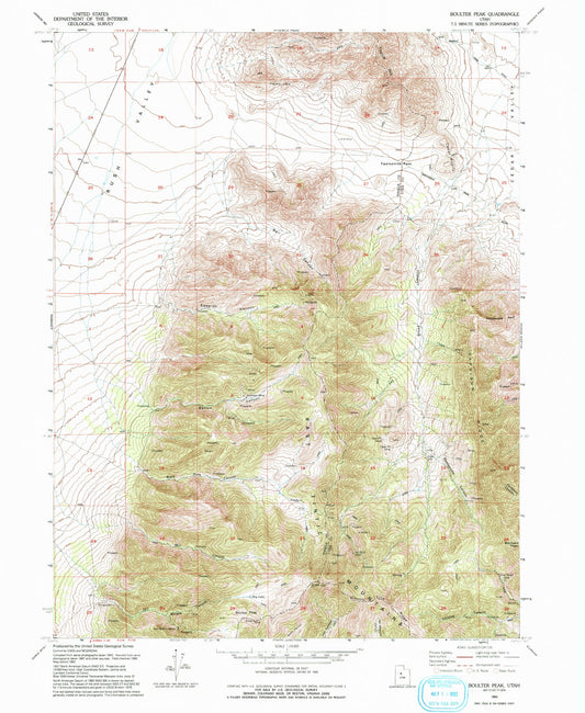Classic USGS Boulter Peak Utah 7.5'x7.5' Topo Map Image