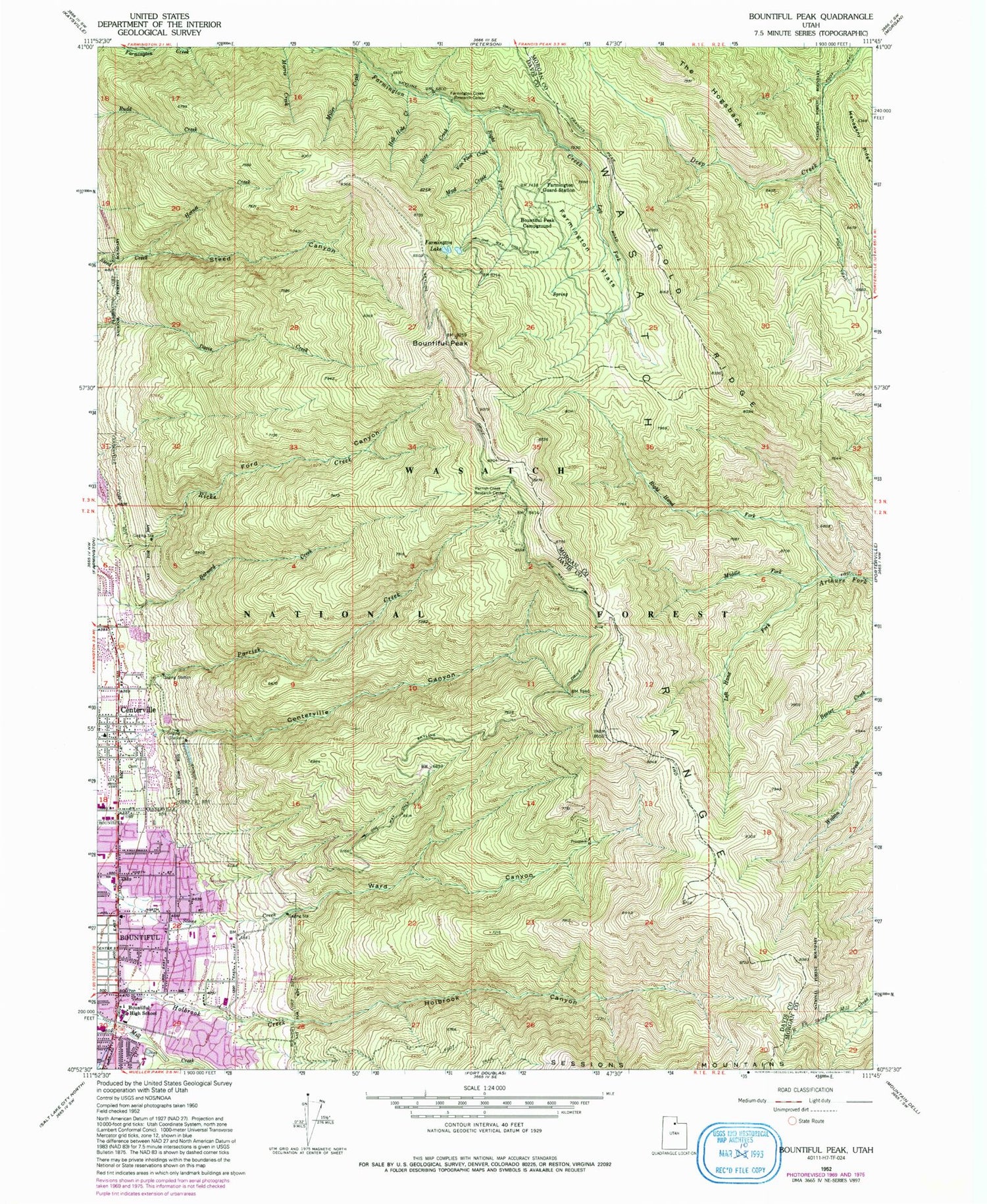 Classic USGS Bountiful Peak Utah 7.5'x7.5' Topo Map Image