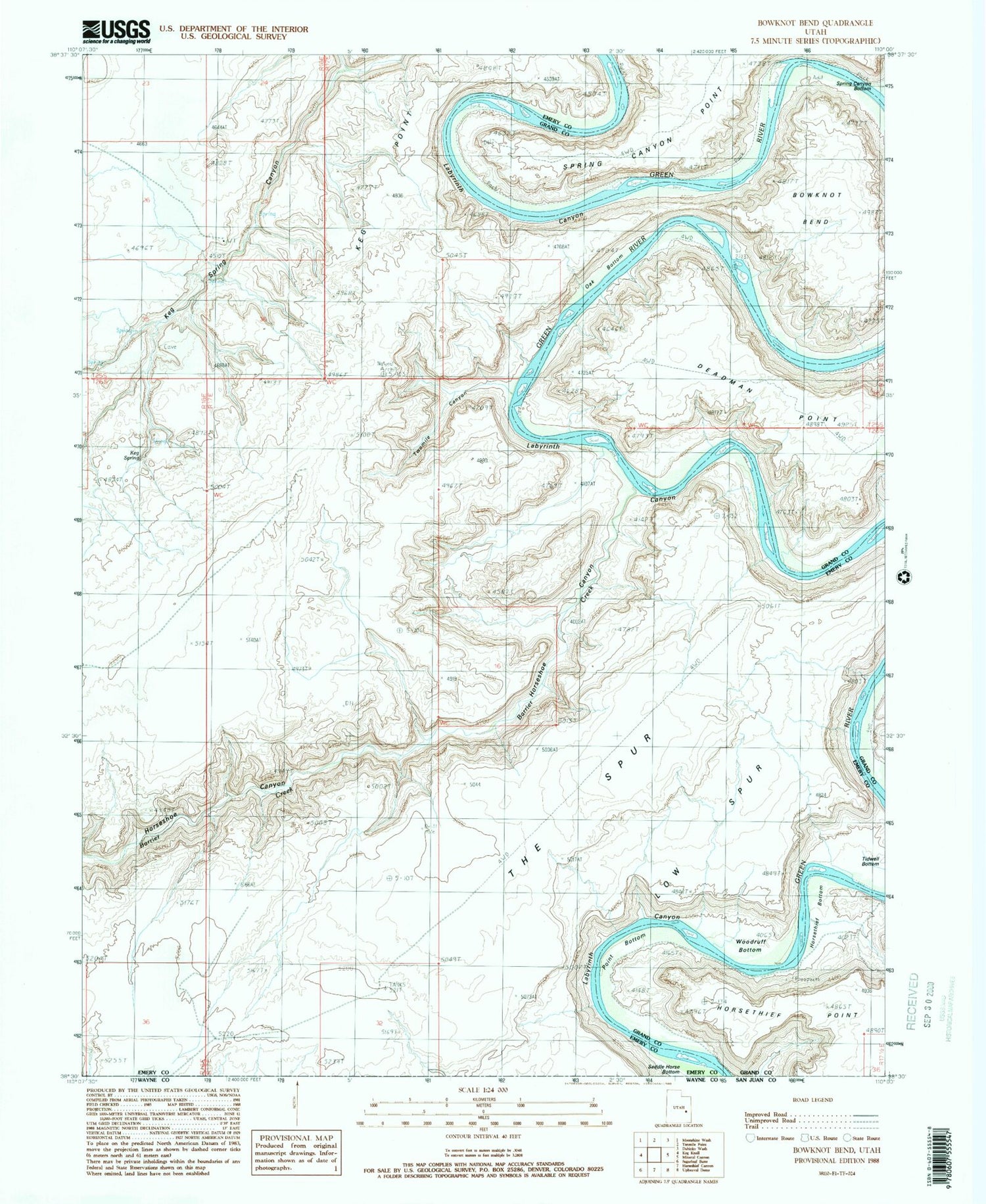 Classic USGS Bowknot Bend Utah 7.5'x7.5' Topo Map Image