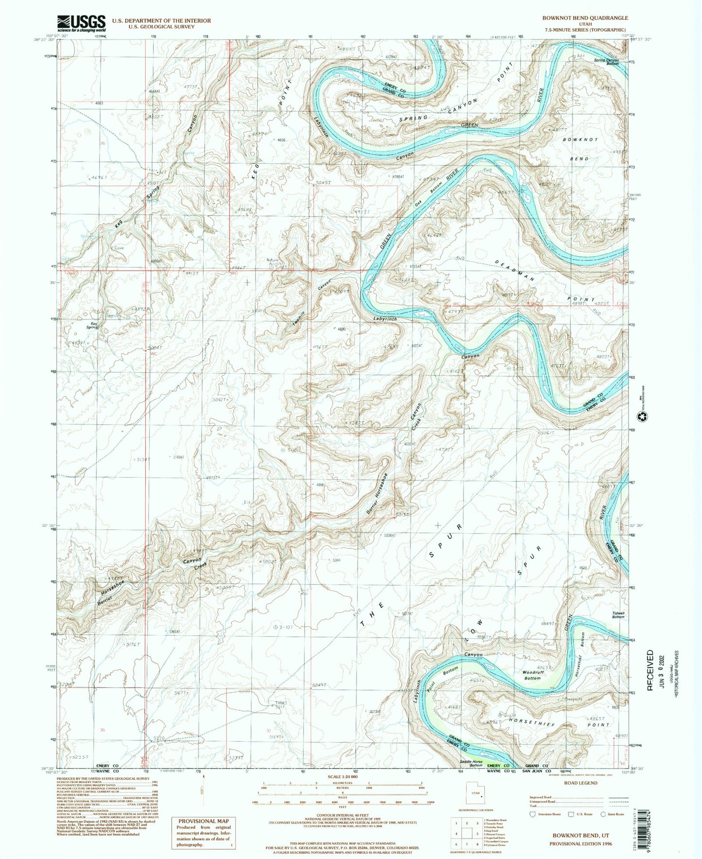 Classic USGS Bowknot Bend Utah 7.5'x7.5' Topo Map Image
