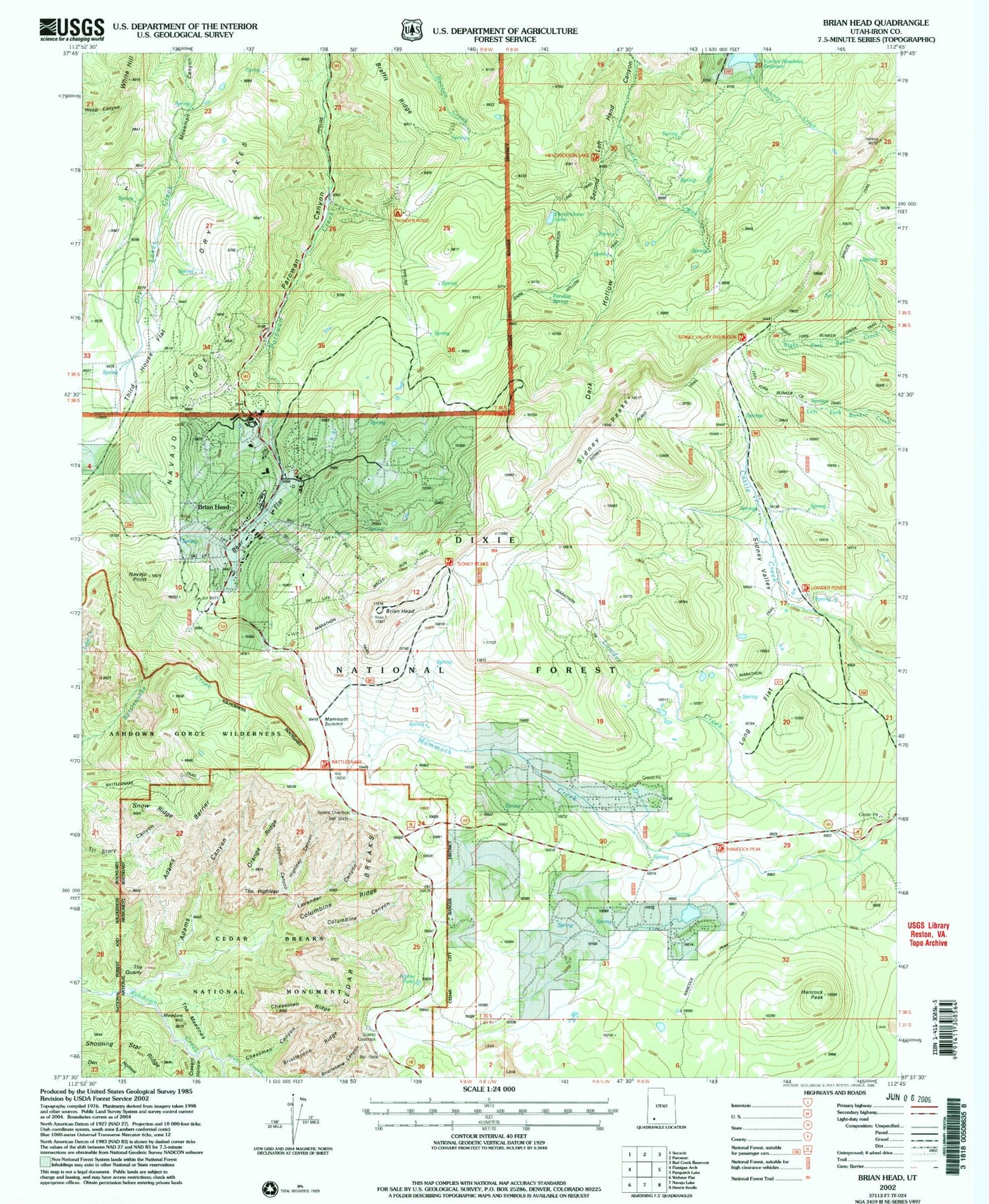 Classic USGS Brian Head Utah 7.5'x7.5' Topo Map Image