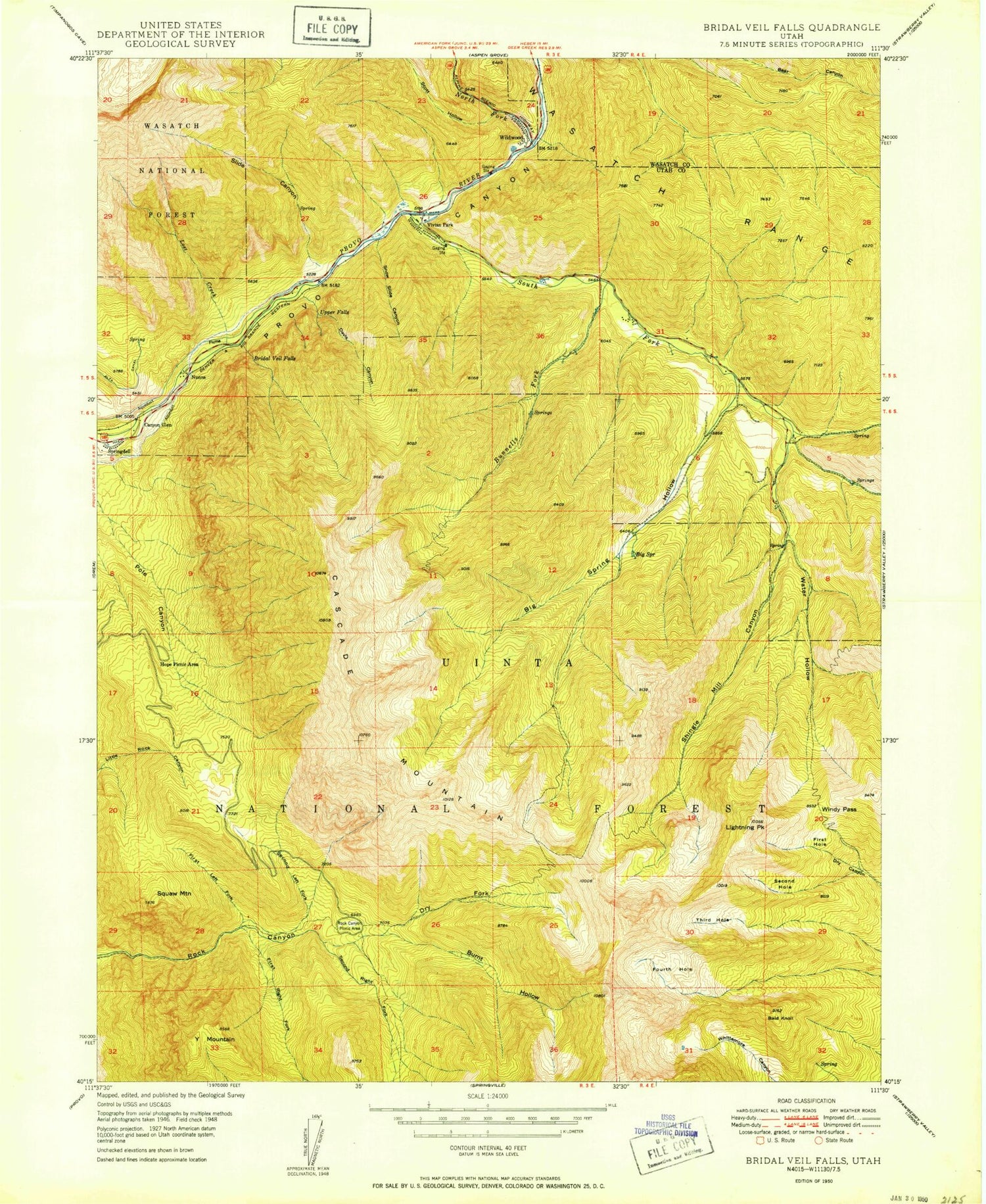 Classic USGS Bridal Veil Falls Utah 7.5'x7.5' Topo Map Image