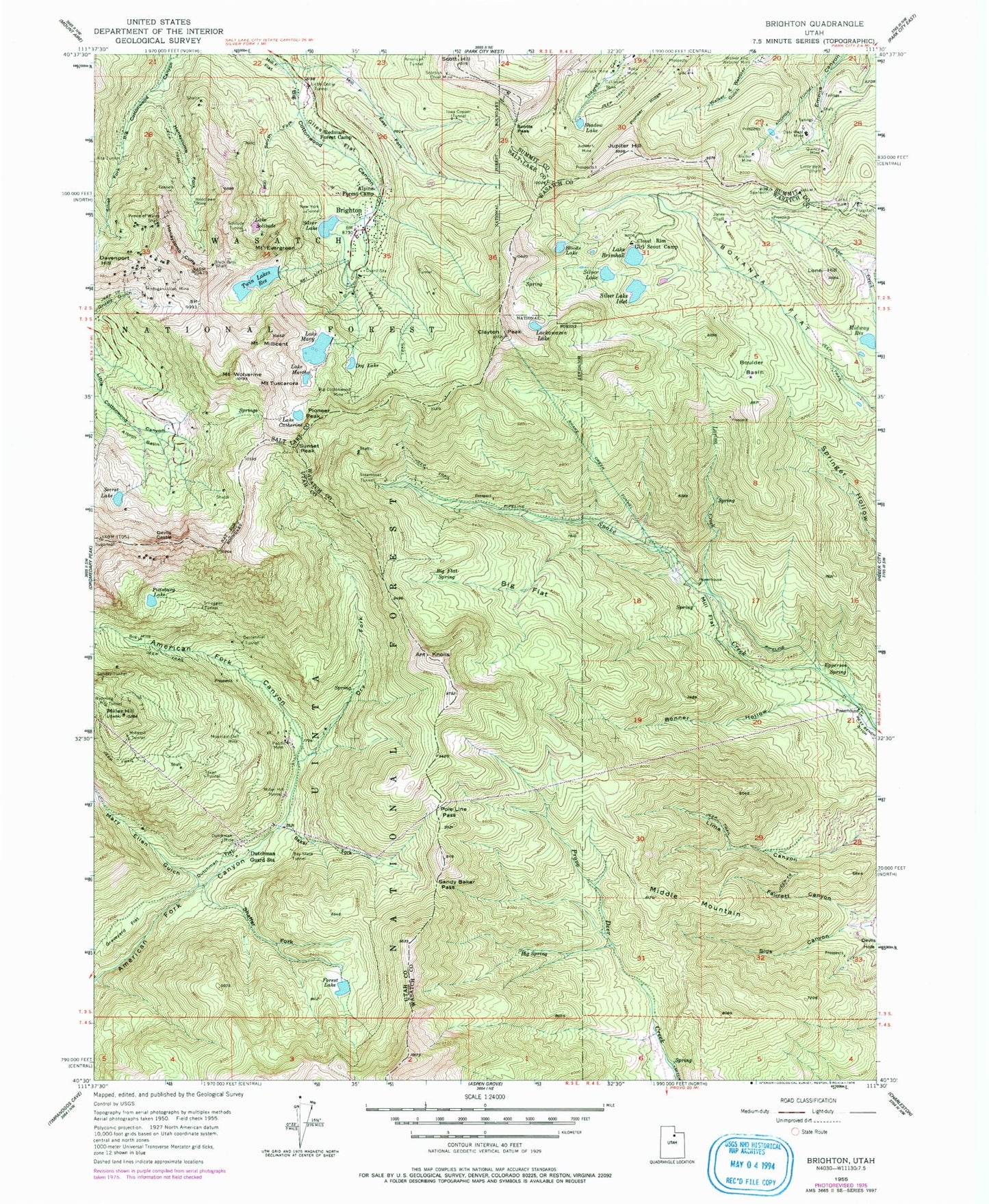 Classic USGS Brighton Utah 7.5'x7.5' Topo Map Image