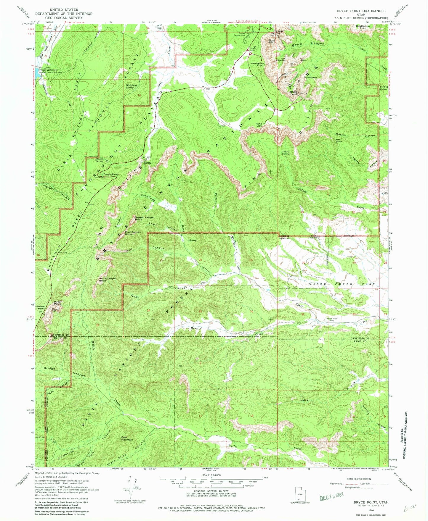 Classic USGS Bryce Point Utah 7.5'x7.5' Topo Map Image