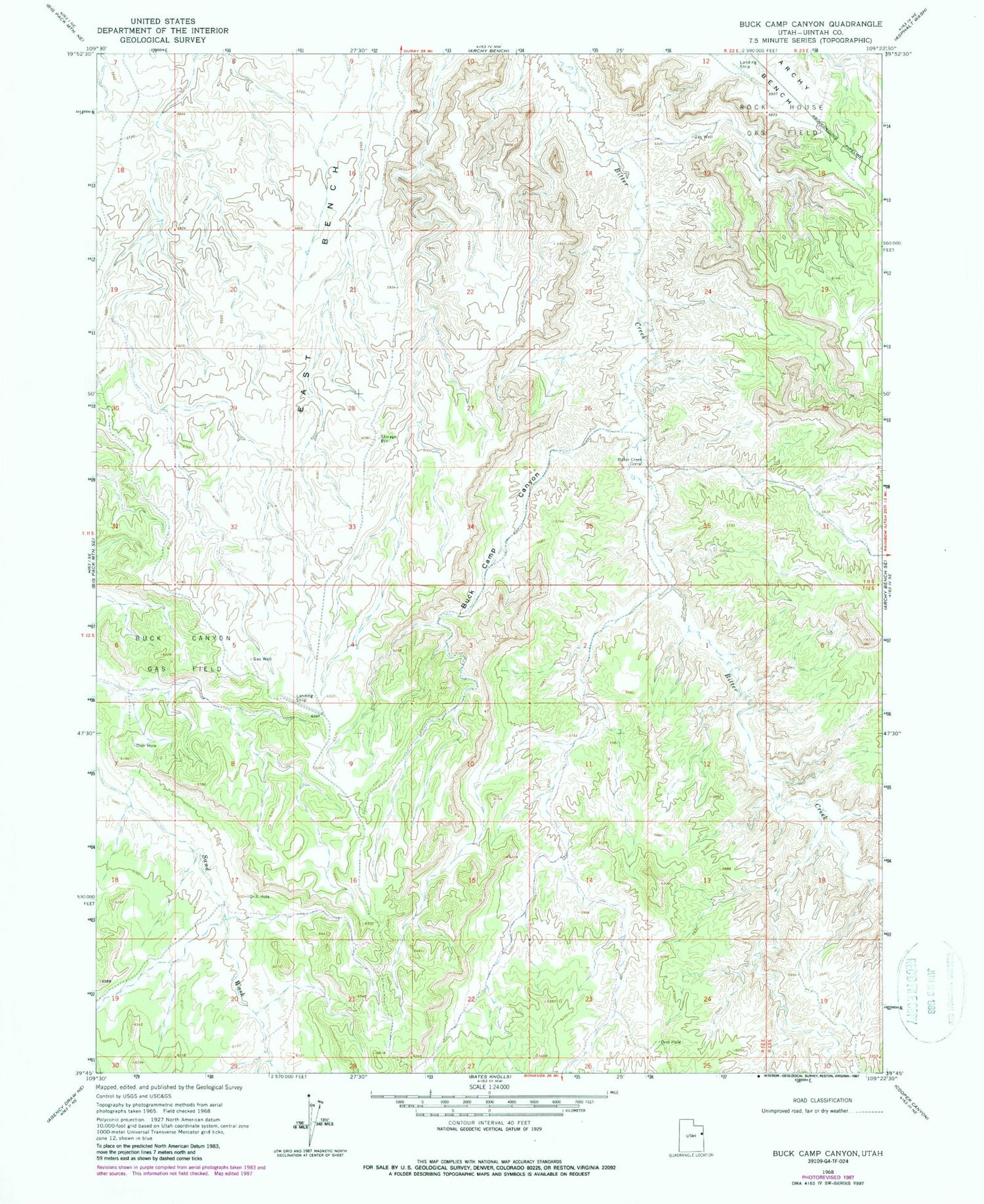 Classic USGS Buck Camp Canyon Utah 7.5'x7.5' Topo Map Image