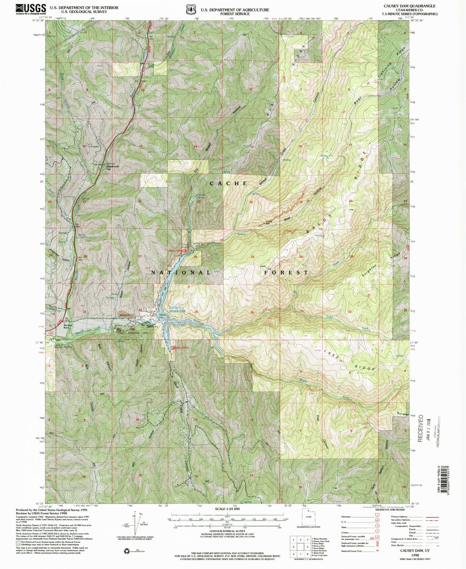 Classic USGS Causey Dam Utah 7.5'x7.5' Topo Map Image