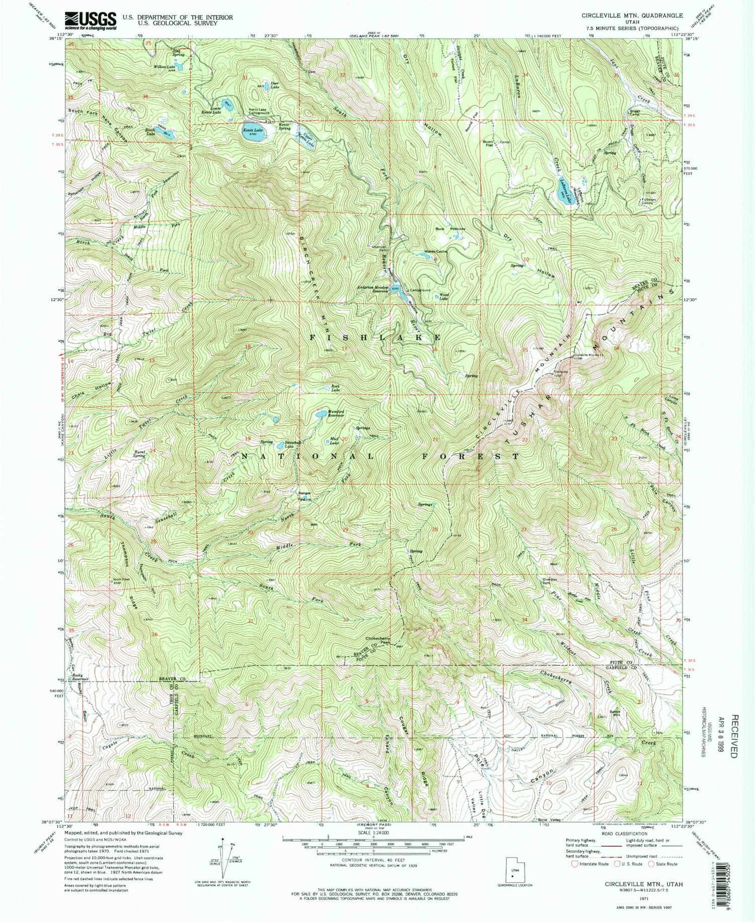 Classic USGS Circleville Mountain Utah 7.5'x7.5' Topo Map Image