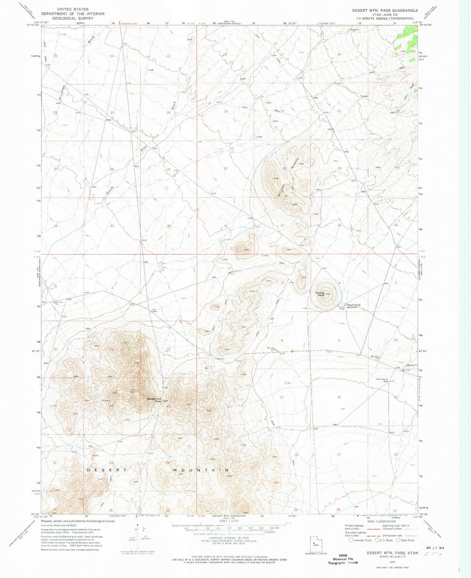 Classic USGS Desert Mountain Pass Utah 7.5'x7.5' Topo Map Image