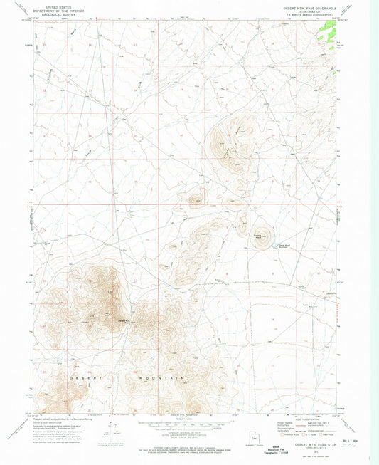 Classic USGS Desert Mountain Pass Utah 7.5'x7.5' Topo Map Image
