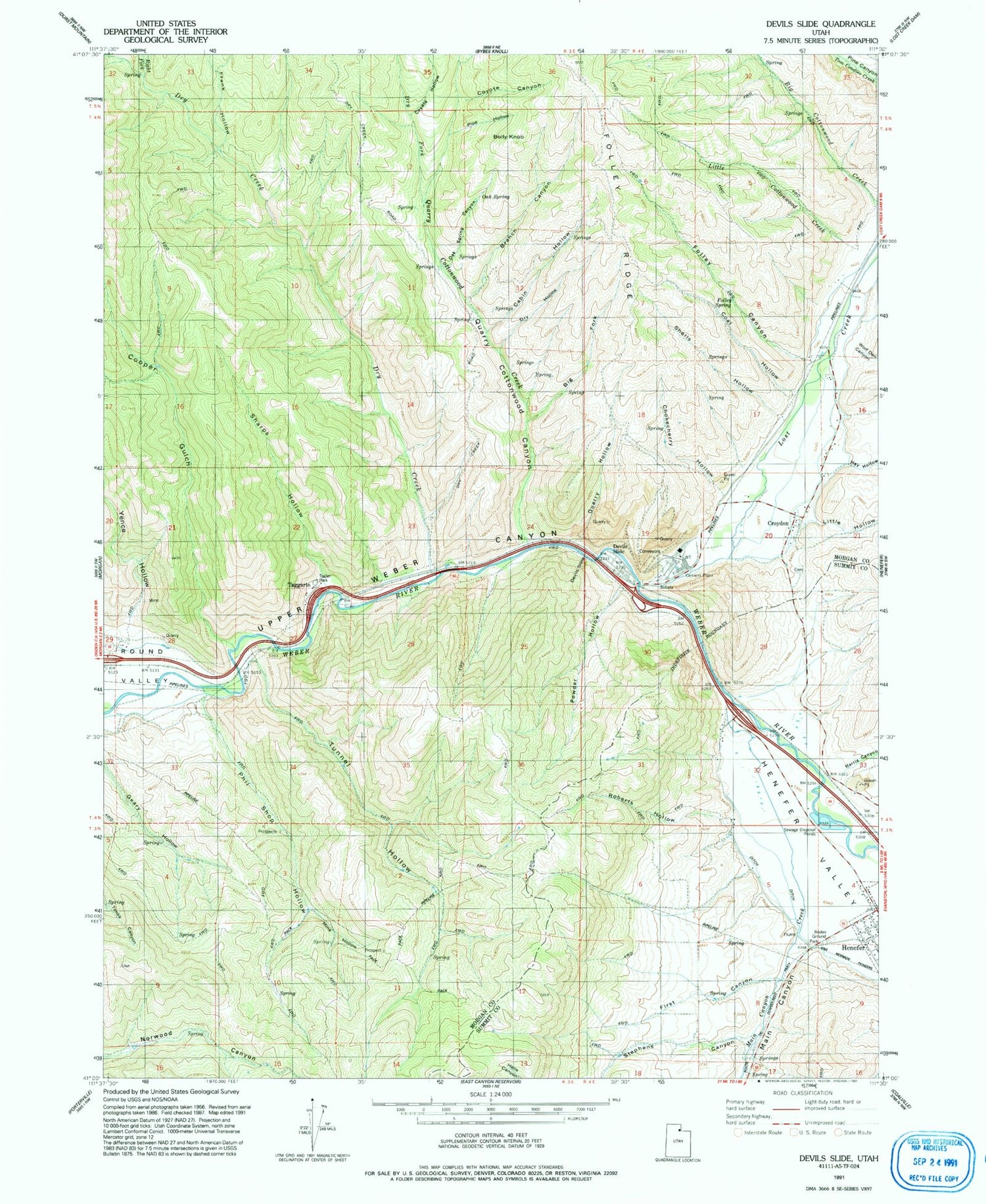Classic USGS Devils Slide Utah 7.5'x7.5' Topo Map Image