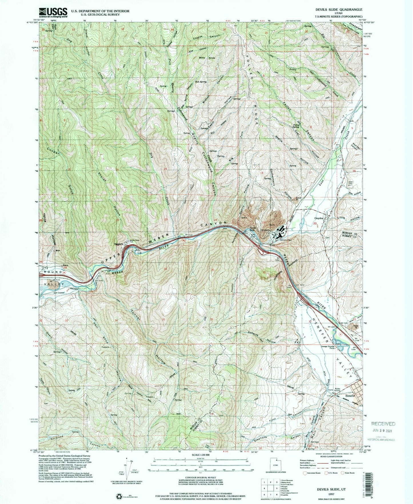 Classic USGS Devils Slide Utah 7.5'x7.5' Topo Map Image
