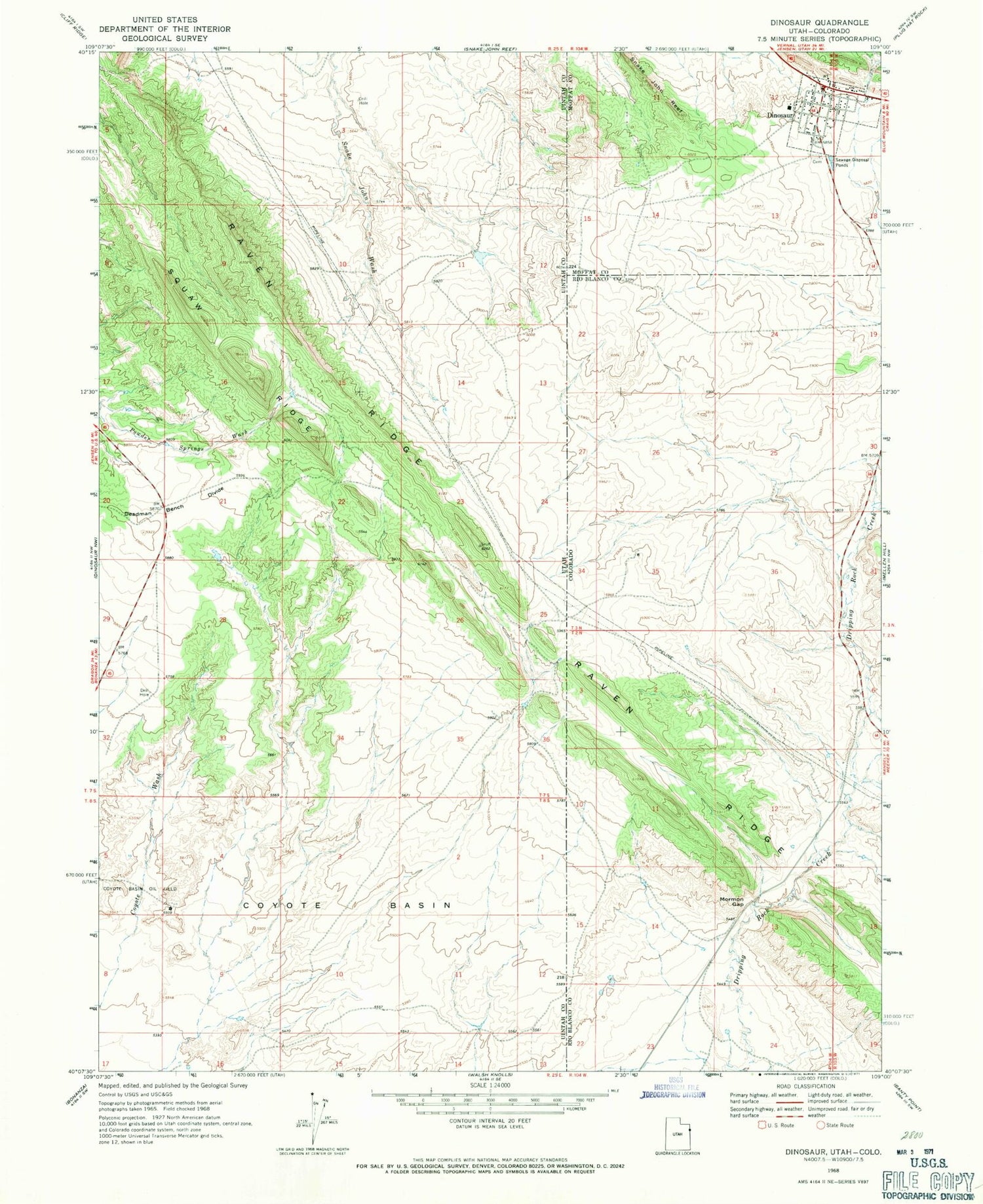 Classic USGS Dinosaur Colorado 7.5'x7.5' Topo Map Image
