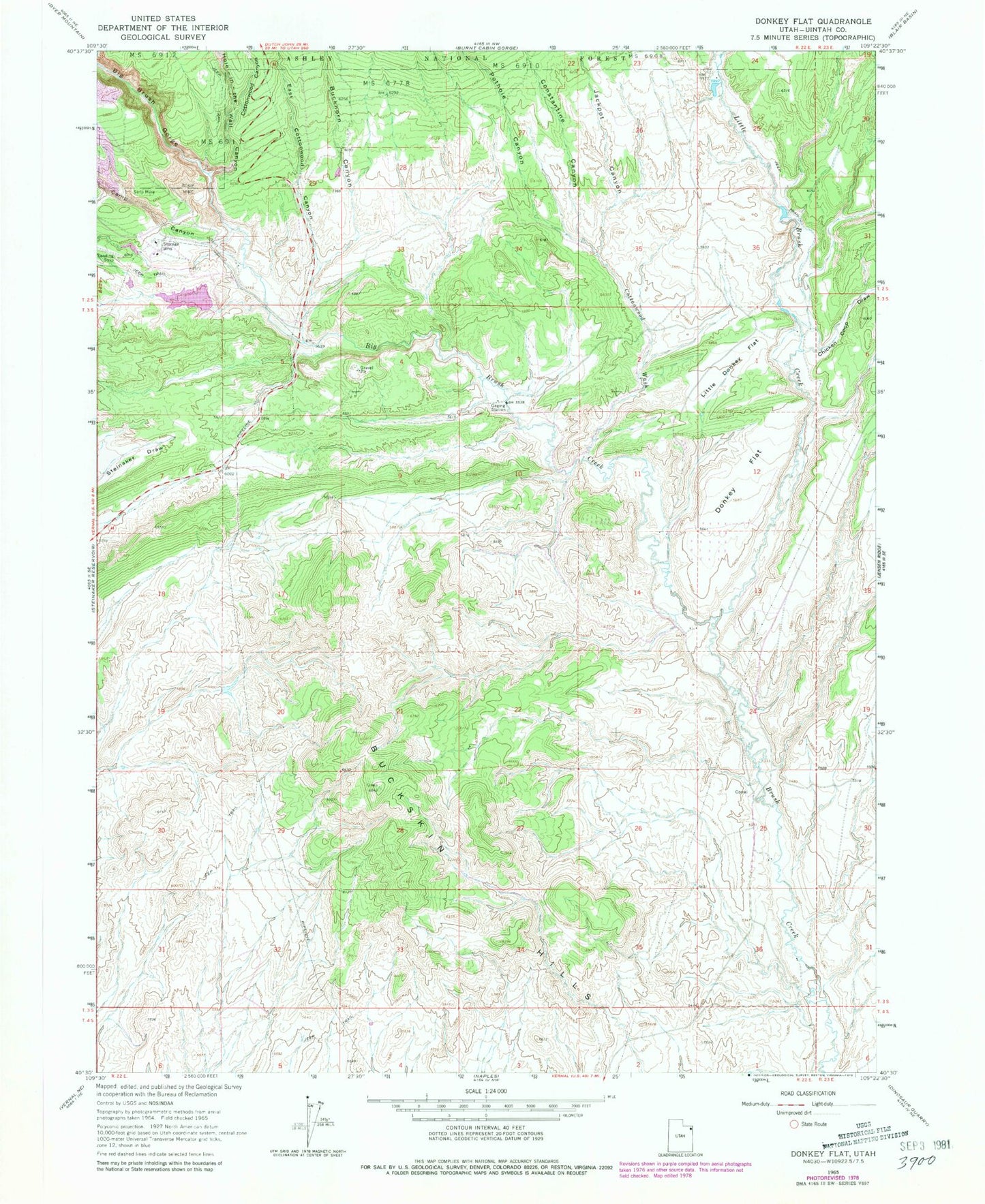 Classic USGS Donkey Flat Utah 7.5'x7.5' Topo Map Image