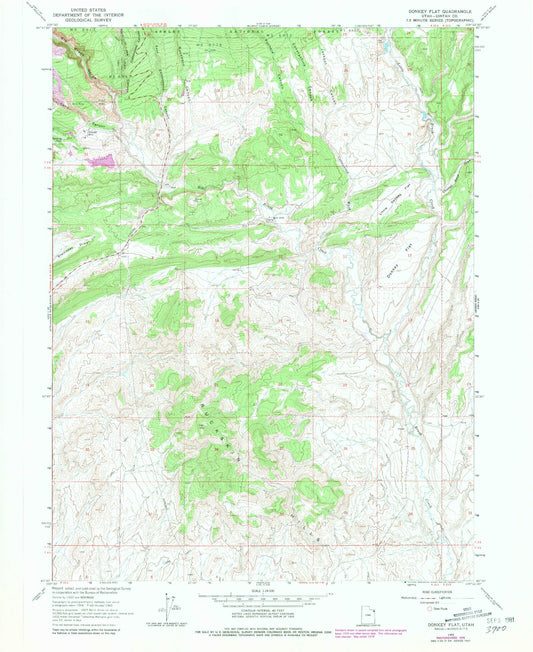 Classic USGS Donkey Flat Utah 7.5'x7.5' Topo Map Image