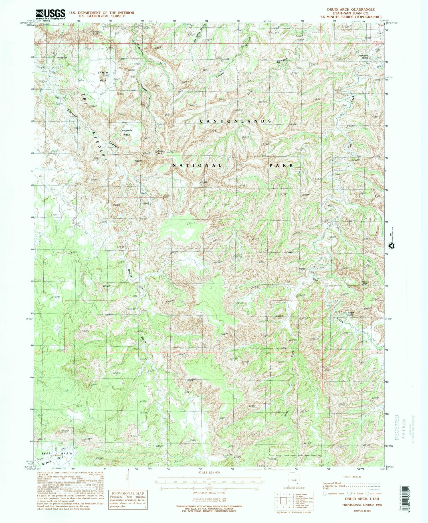 USGS Classic Druid Arch Utah 7.5'x7.5' Topo Map Image