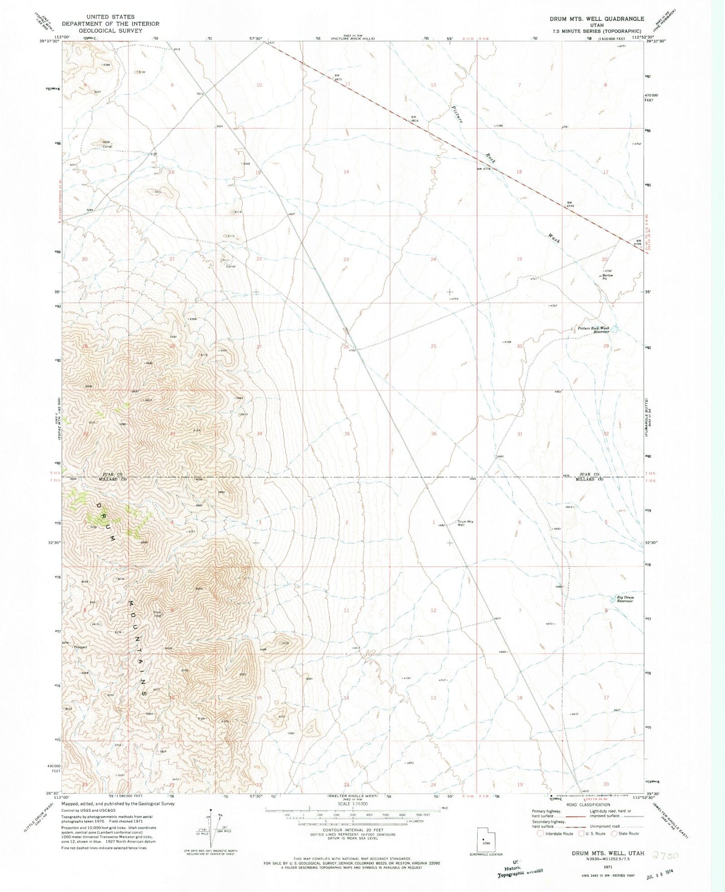 Classic USGS Drum Mountains Well Utah 7.5'x7.5' Topo Map Image