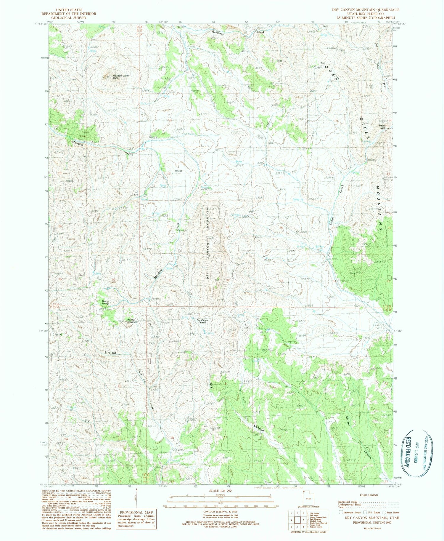 Classic USGS Dry Canyon Mountain Utah 7.5'x7.5' Topo Map Image