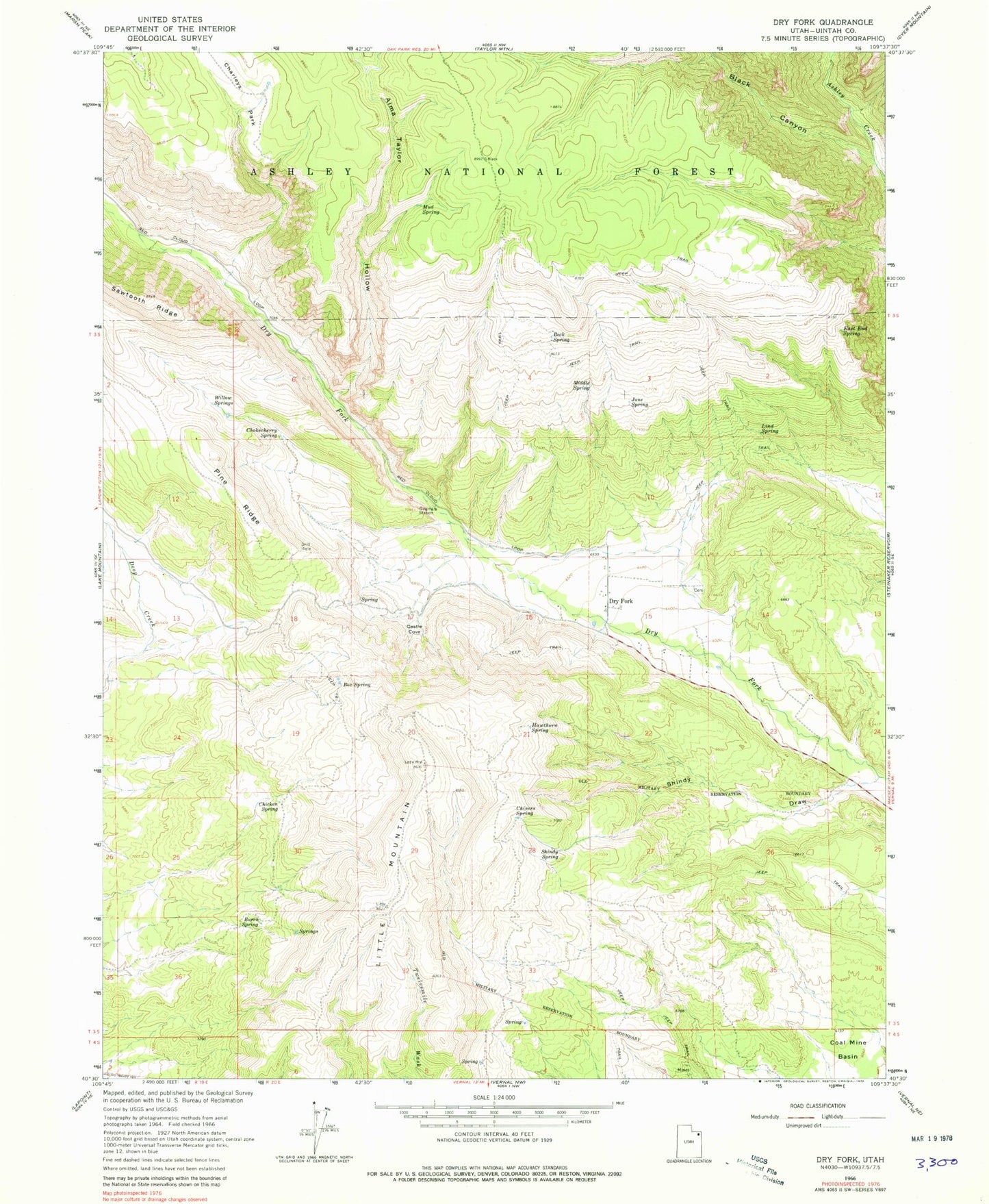 Classic USGS Dry Fork Utah 7.5'x7.5' Topo Map Image