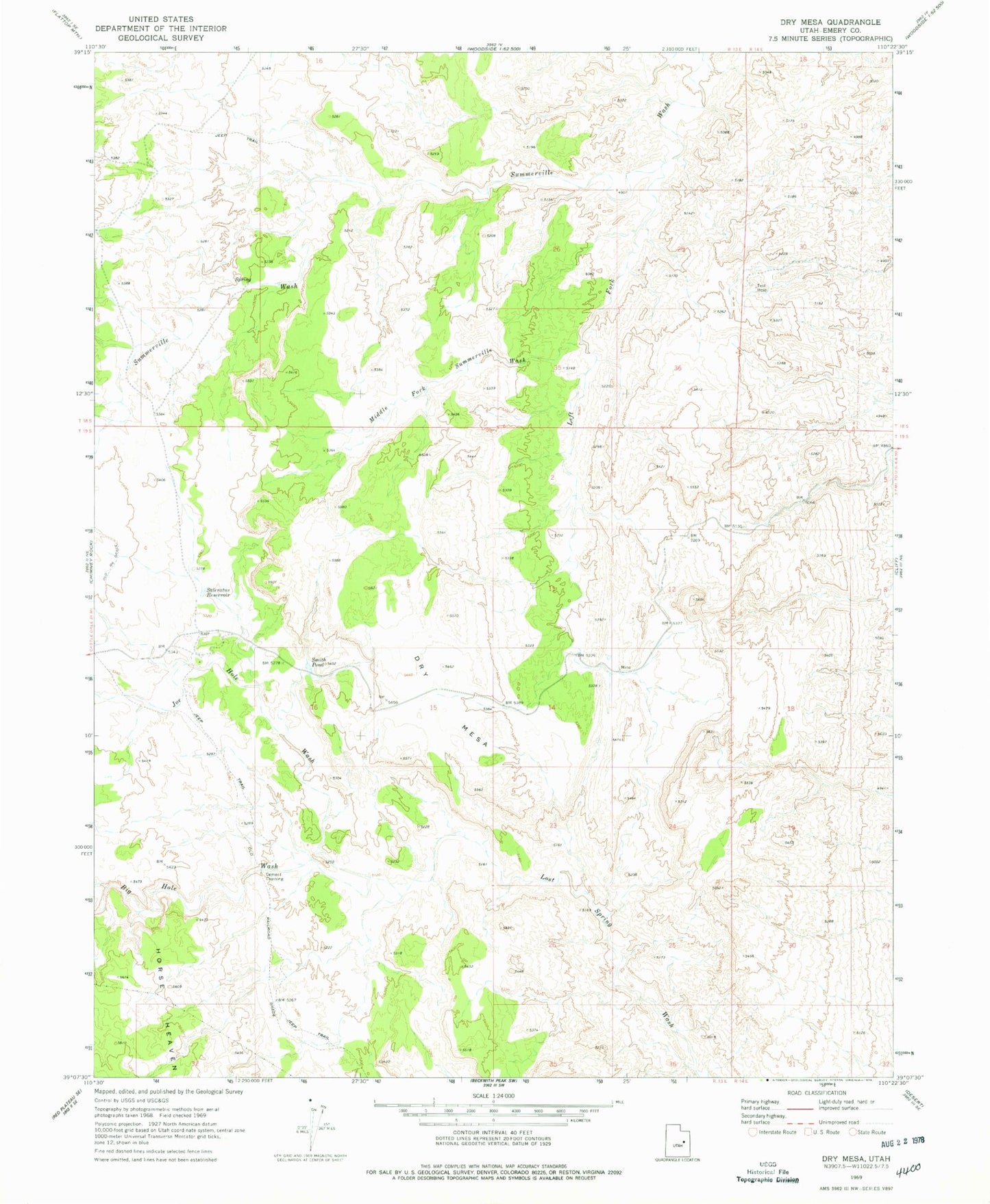 Classic USGS Dry Mesa Utah 7.5'x7.5' Topo Map Image