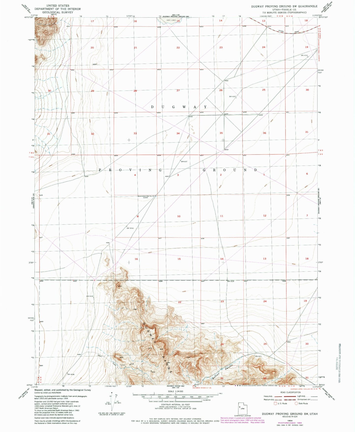 Classic USGS Dugway Proving Ground SW Utah 7.5'x7.5' Topo Map Image