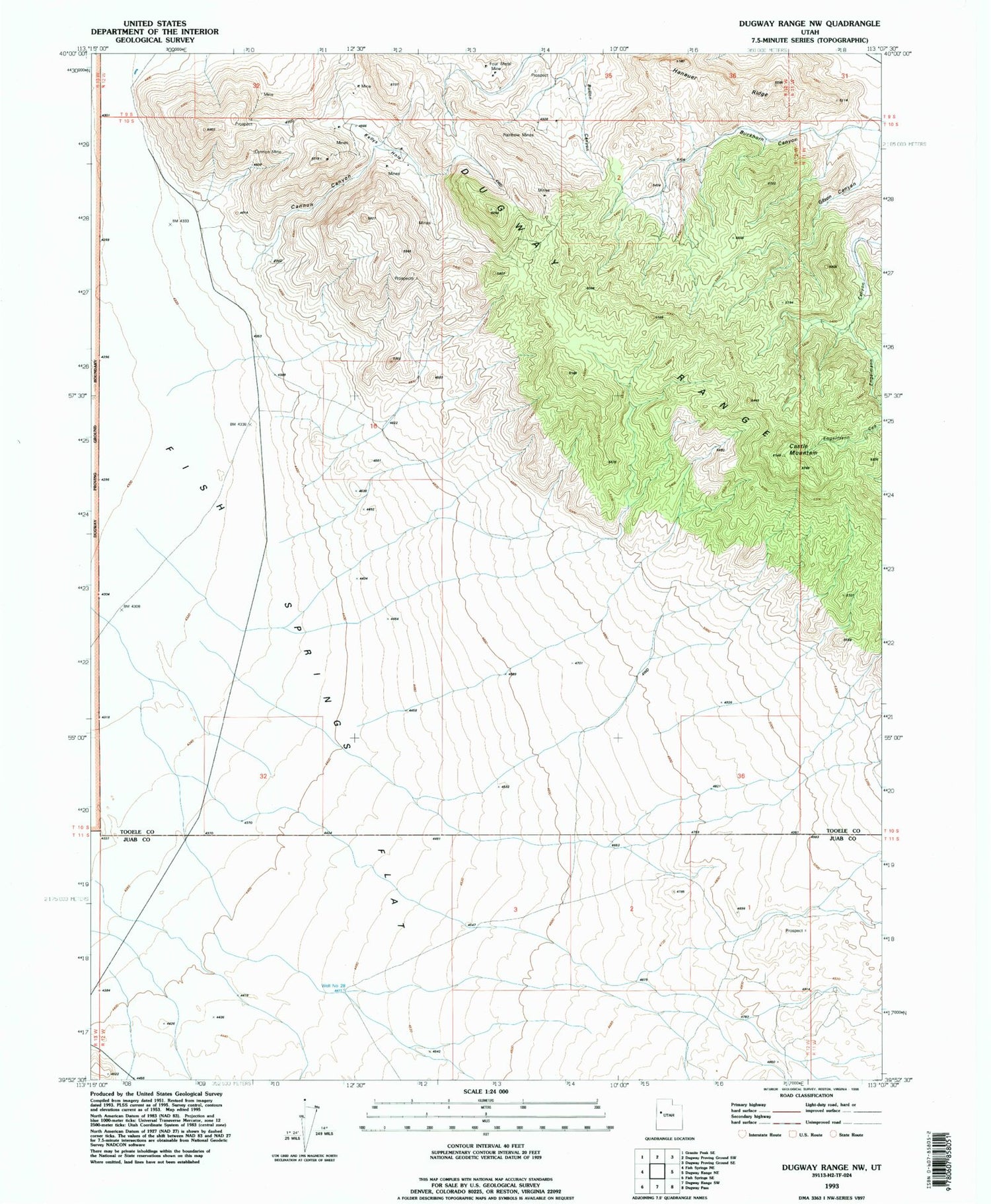 Classic USGS Dugway Range NW Utah 7.5'x7.5' Topo Map Image